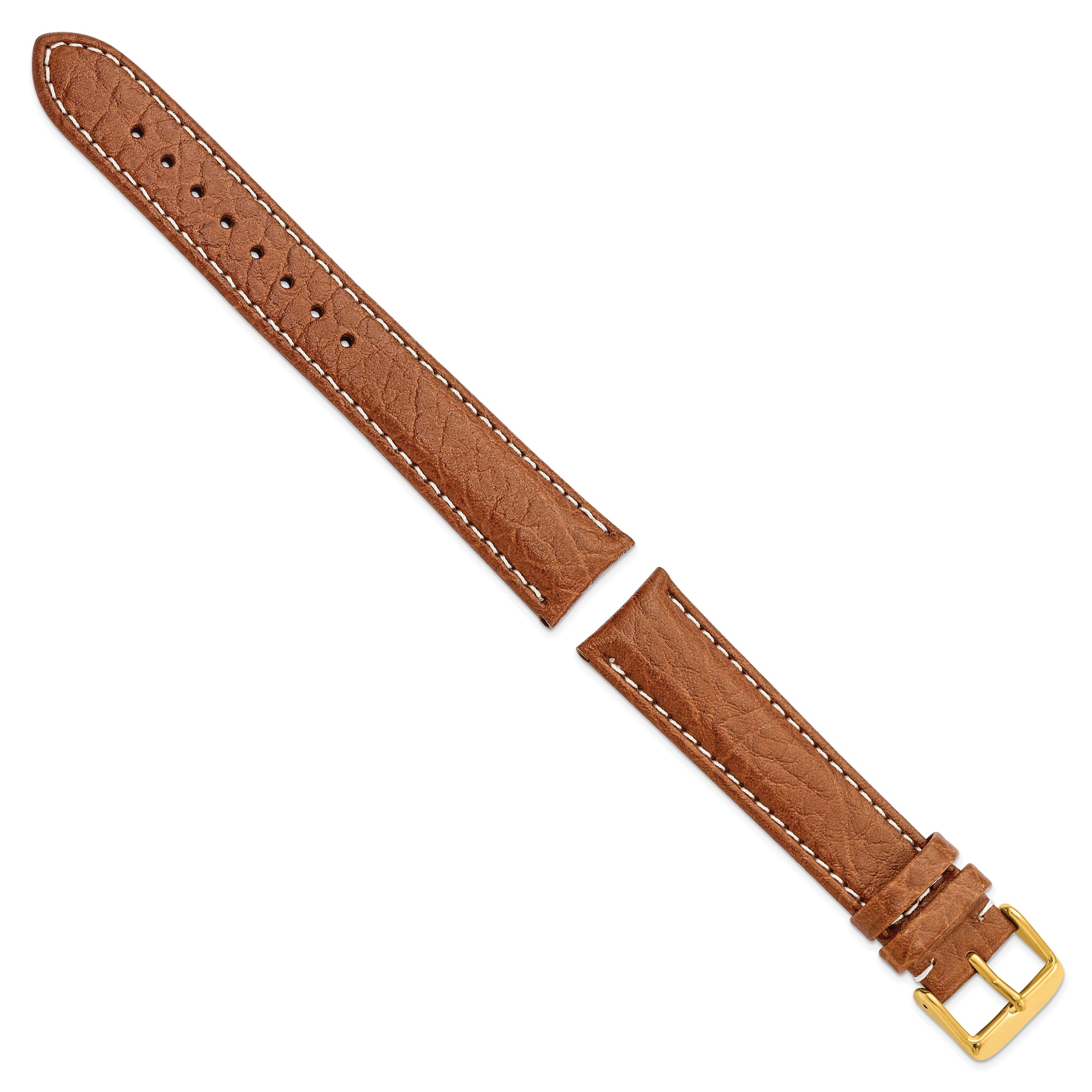 16mm Long Havana Sport Leather with White Stitching and Gold-tone Buckle 8.5 inch Watch Band