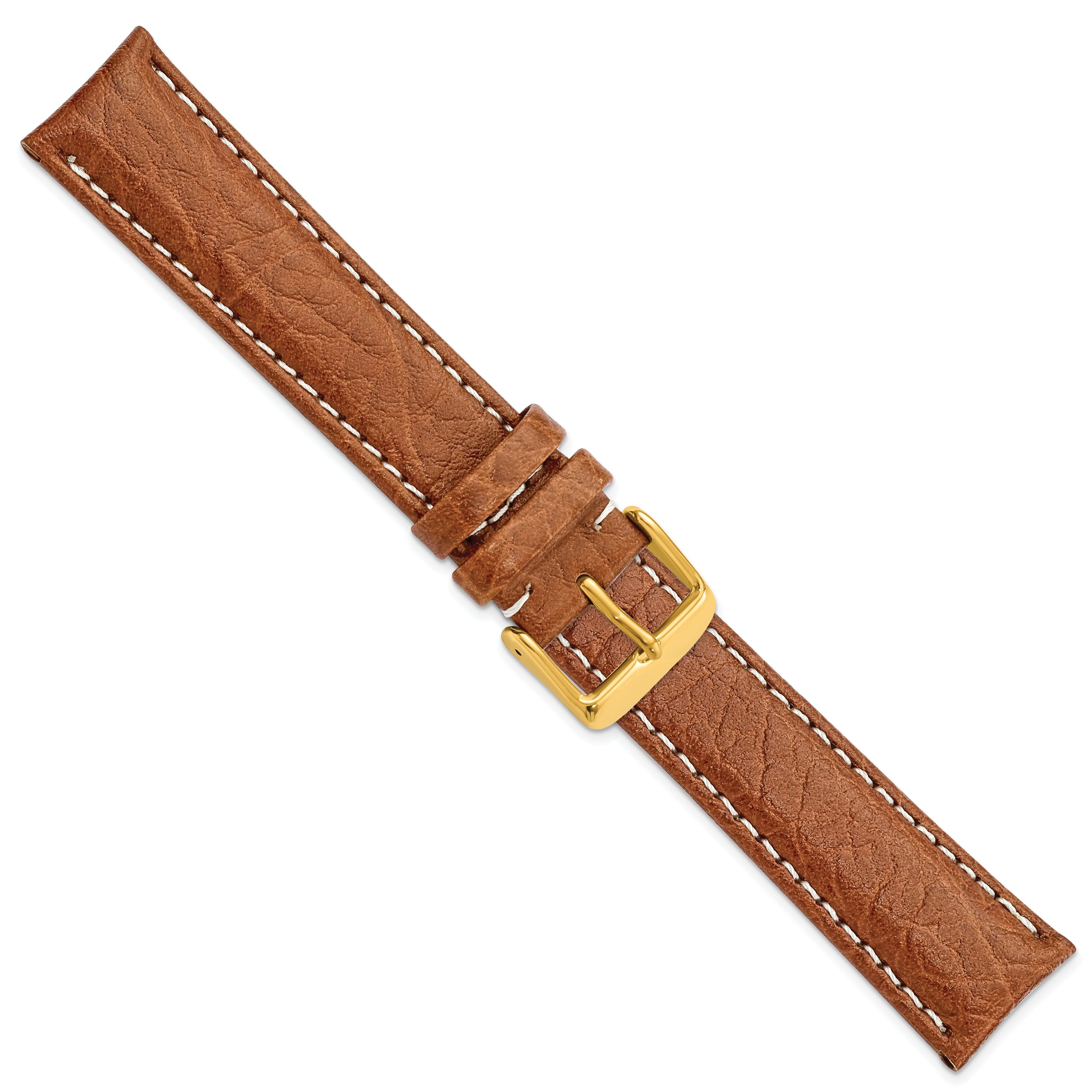 16mm Long Havana Sport Leather with White Stitching and Gold-tone Buckle 8.5 inch Watch Band