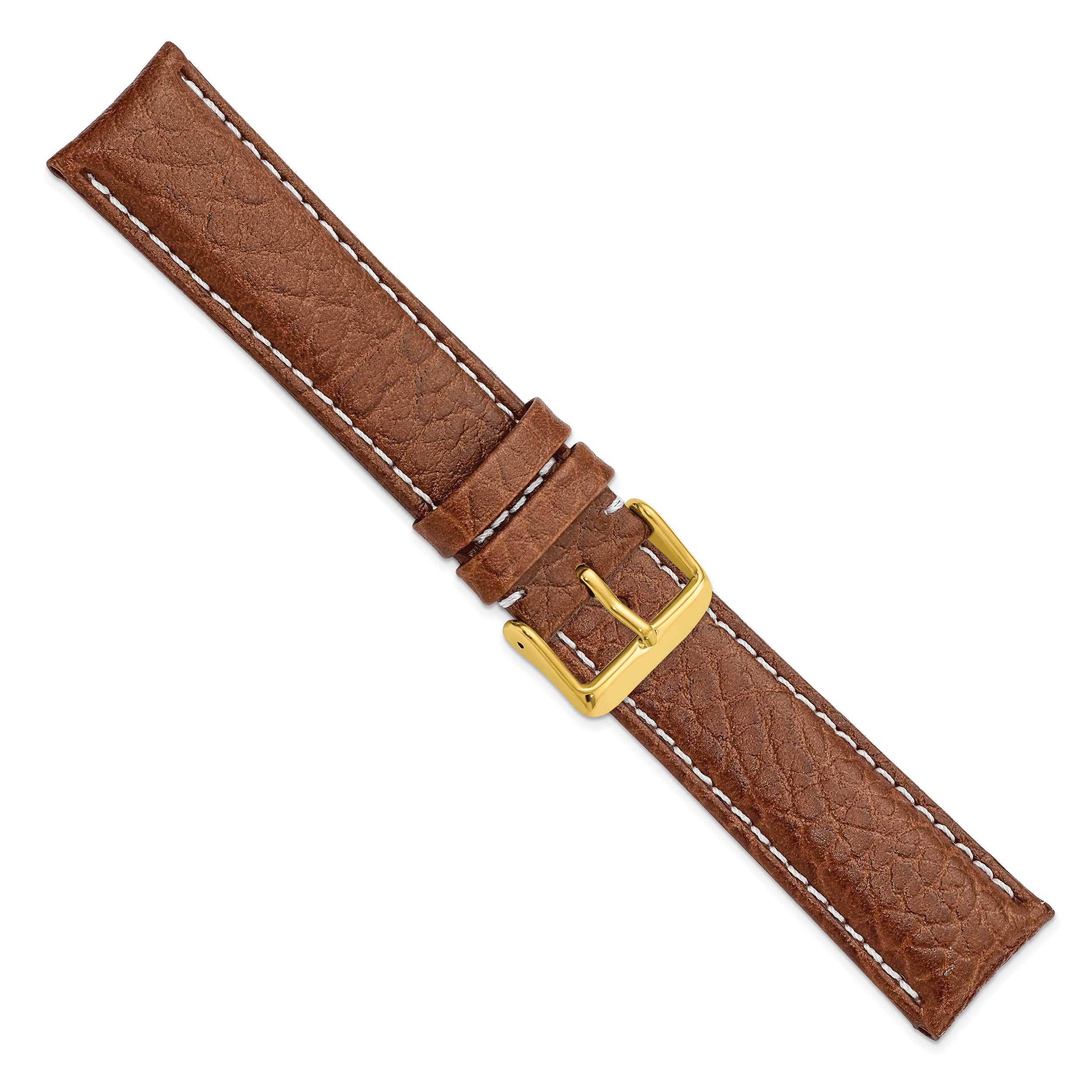 16mm Long Havana Sport Leather with White Stitching and Gold-tone Buckle 8.5 inch Watch Band