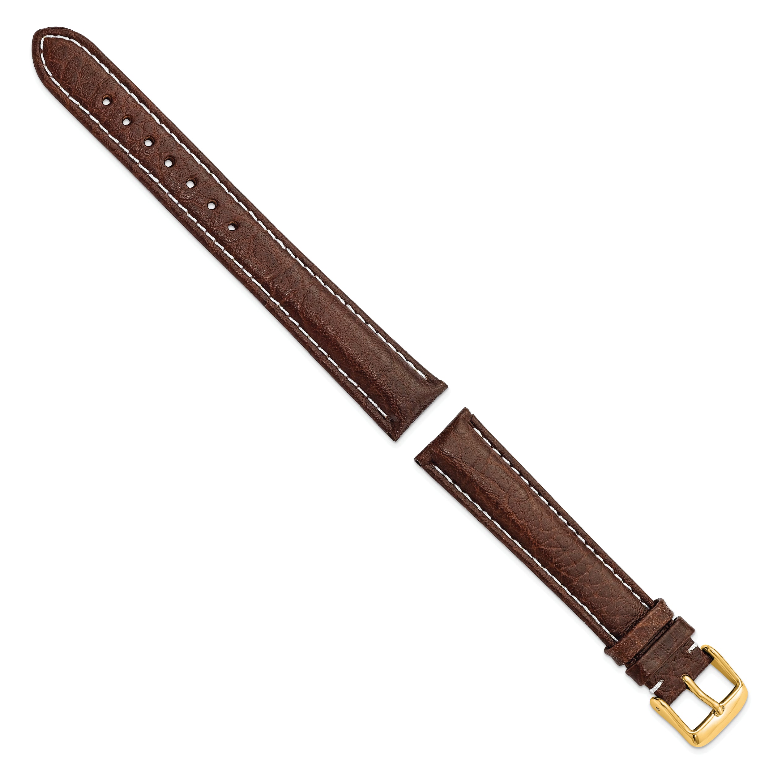 16mm Long Dark Brown Sport Leather with White Stitching and Gold-tone Buckle 8.5 inch Watch Band