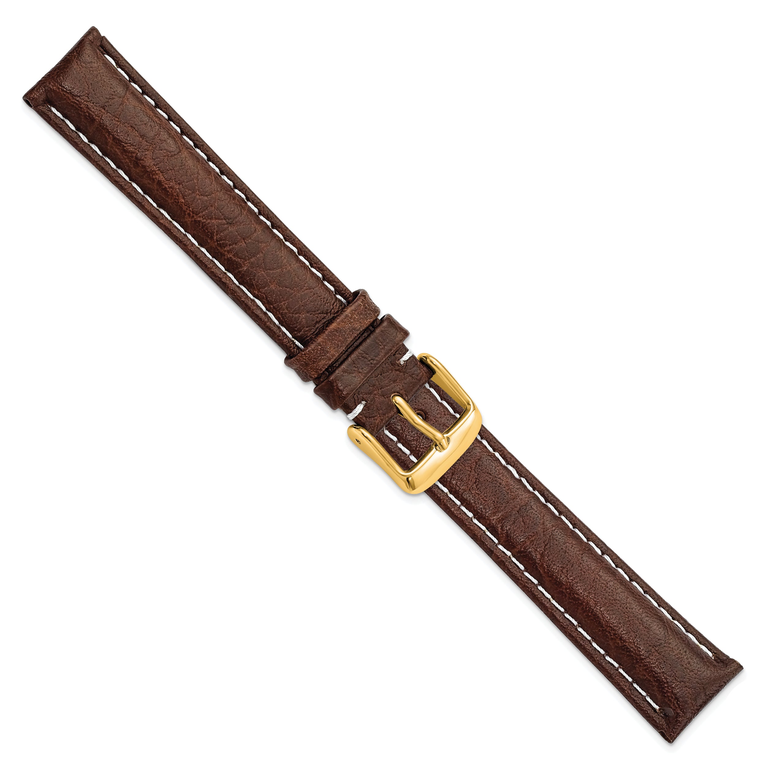 16mm Long Dark Brown Sport Leather with White Stitching and Gold-tone Buckle 8.5 inch Watch Band