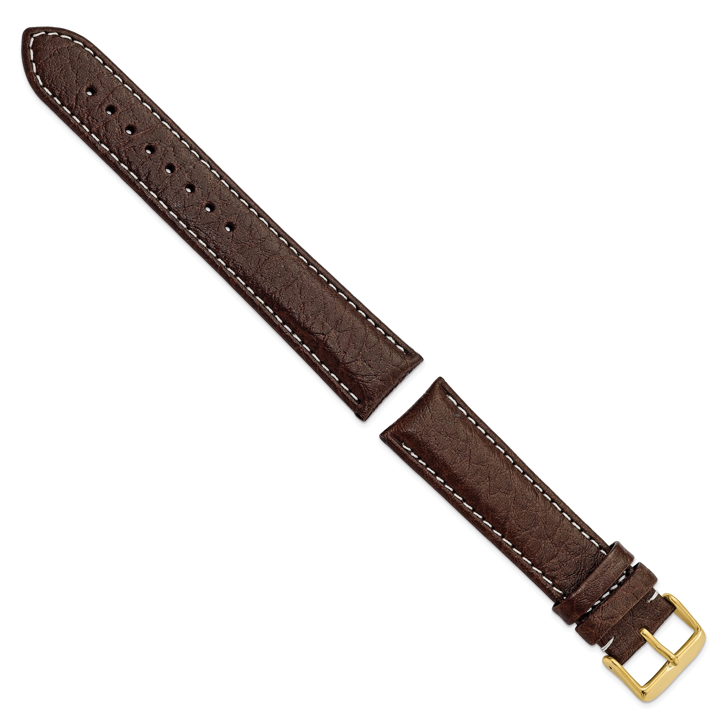 16mm Long Dark Brown Sport Leather with White Stitching and Gold-tone Buckle 8.5 inch Watch Band