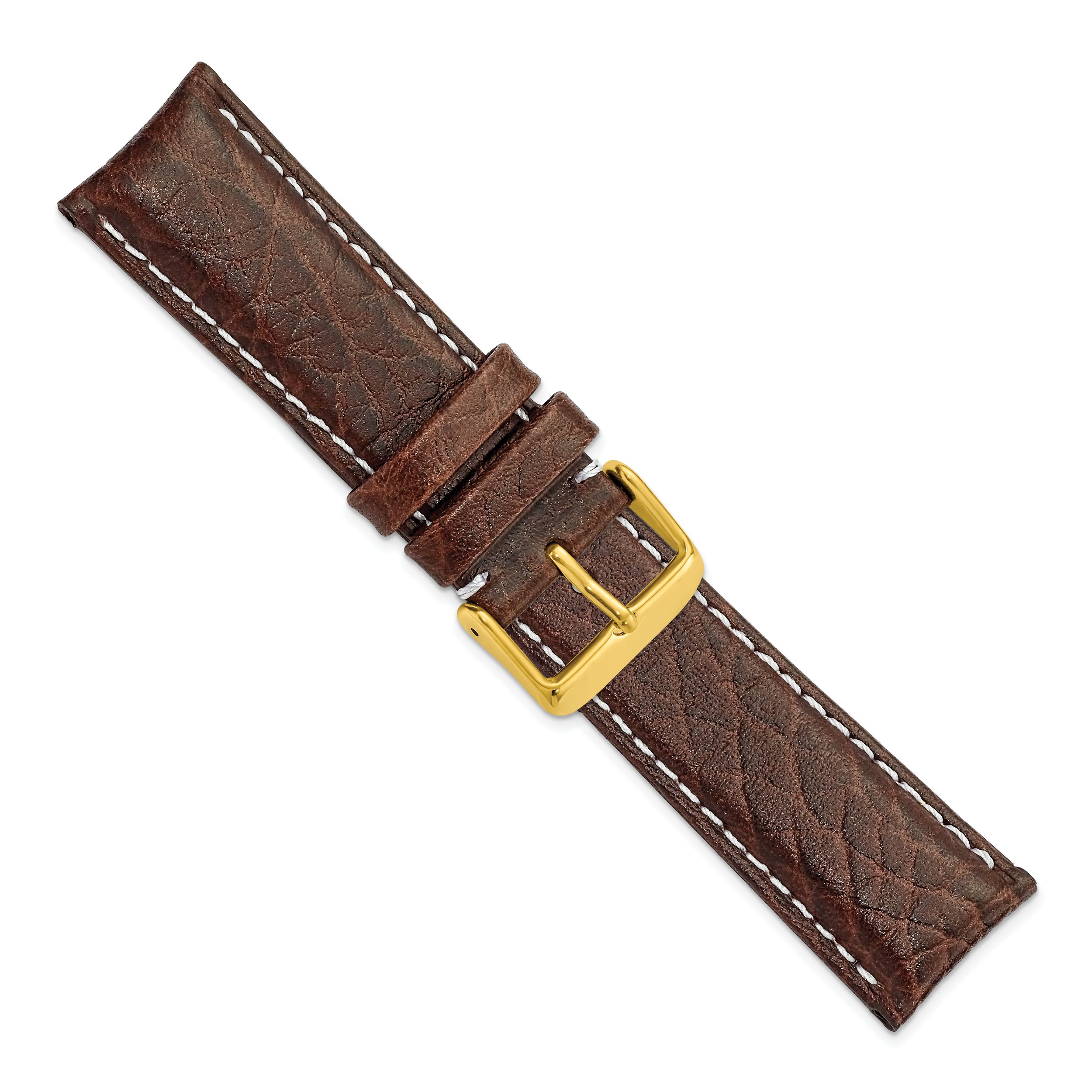 22mm Short Dark Brown Sport Leather with White Stitching and Gold-tone Buckle 6.75 inch Watch Band