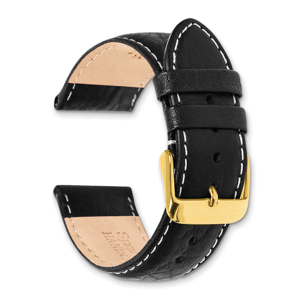 16mm Long Black Sport Leather with White Stitching and Gold-tone Buckle 8.5 inch Watch Band