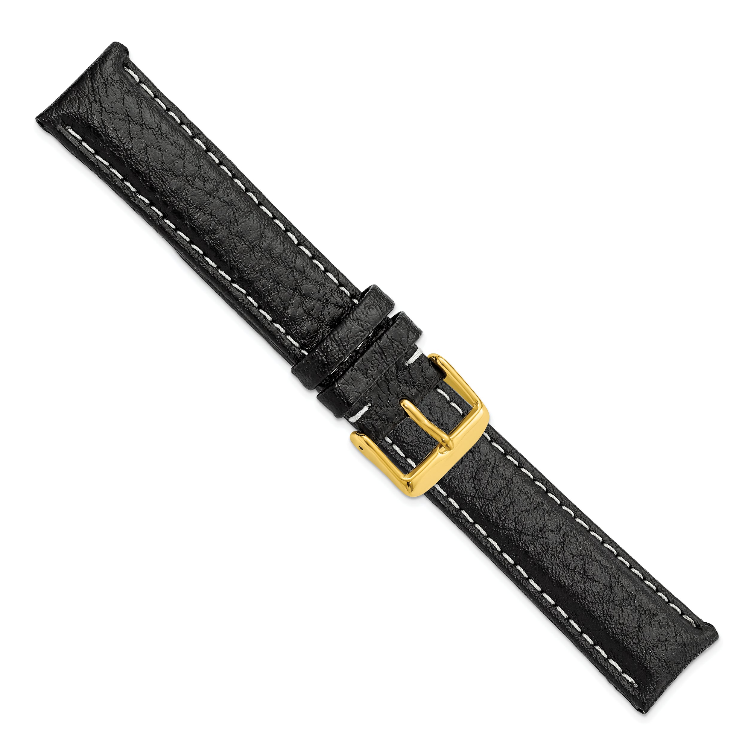 16mm Long Black Sport Leather with White Stitching and Gold-tone Buckle 8.5 inch Watch Band