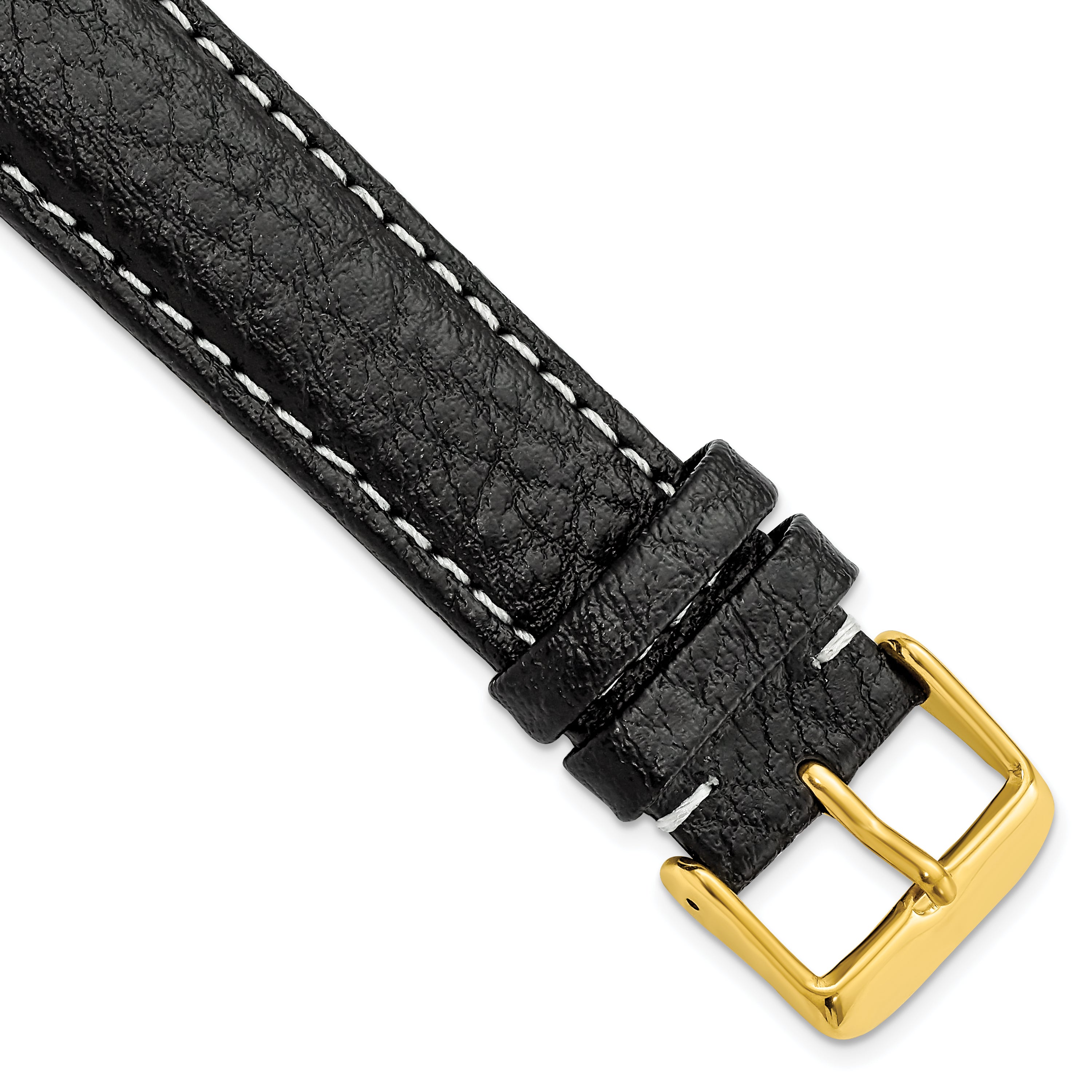 DeBeer 20mm Long Black Sport Leather with White Stitching and Gold-tone Buckle 8.5 inch Watch Band