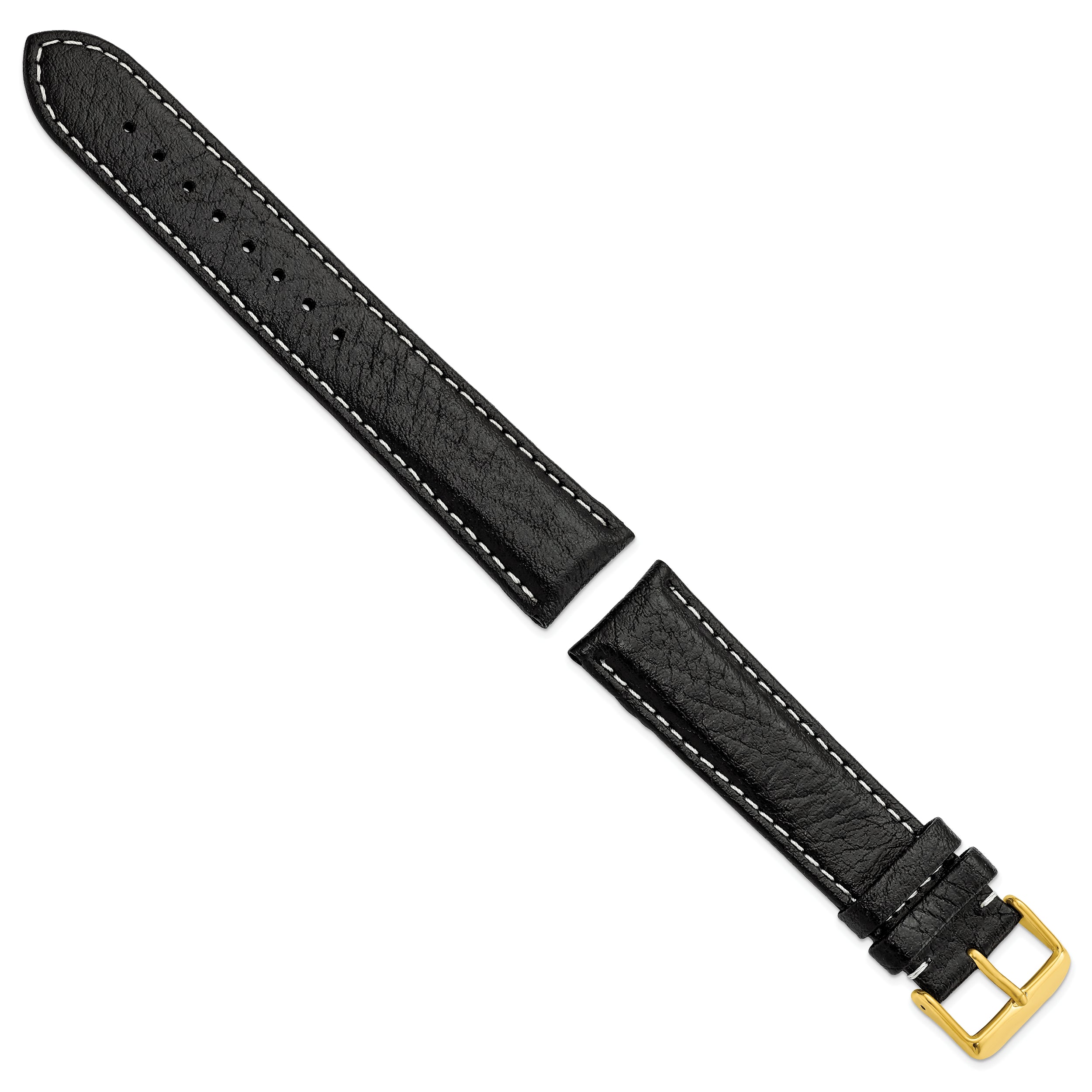 16mm Long Black Sport Leather with White Stitching and Gold-tone Buckle 8.5 inch Watch Band