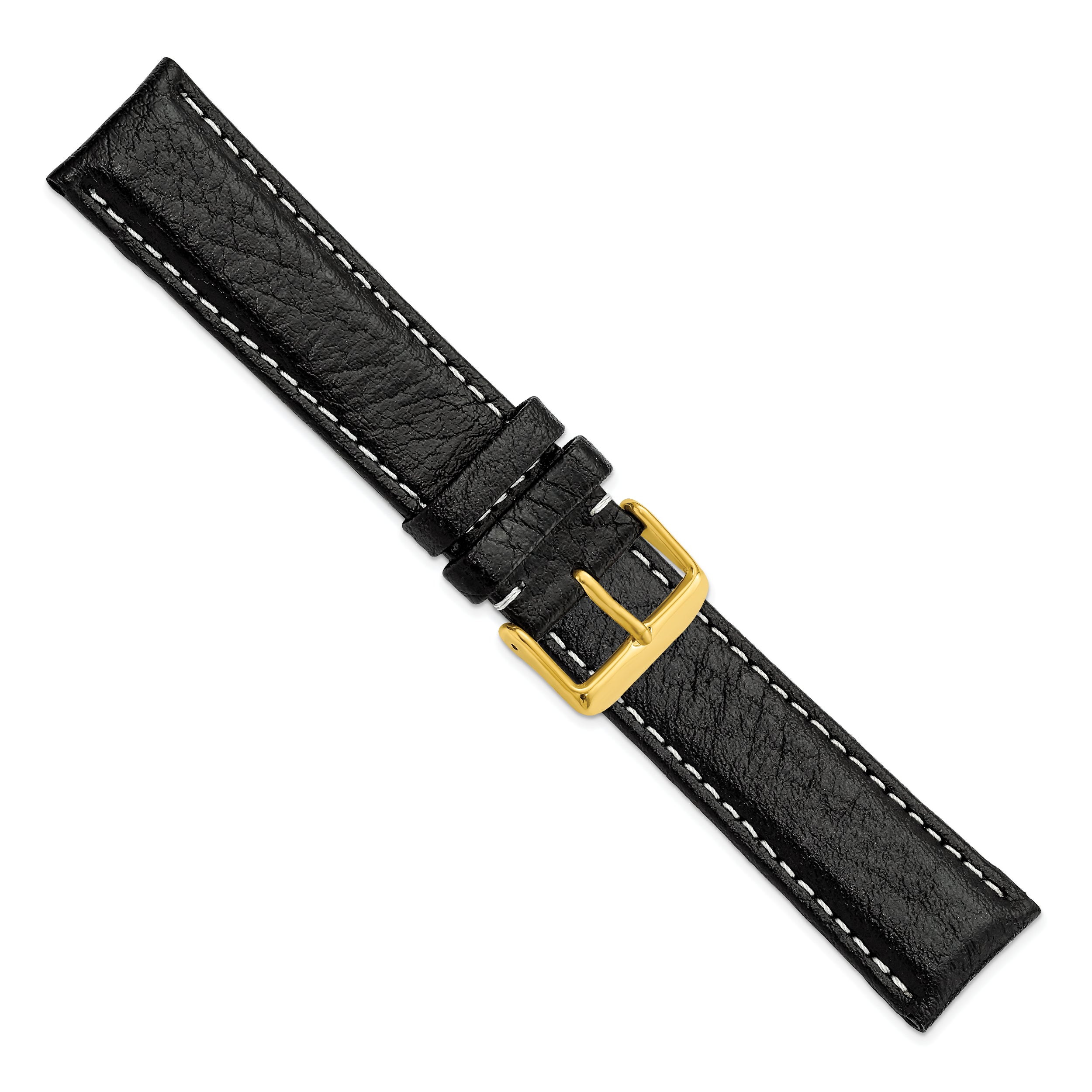 16mm Long Black Sport Leather with White Stitching and Gold-tone Buckle 8.5 inch Watch Band