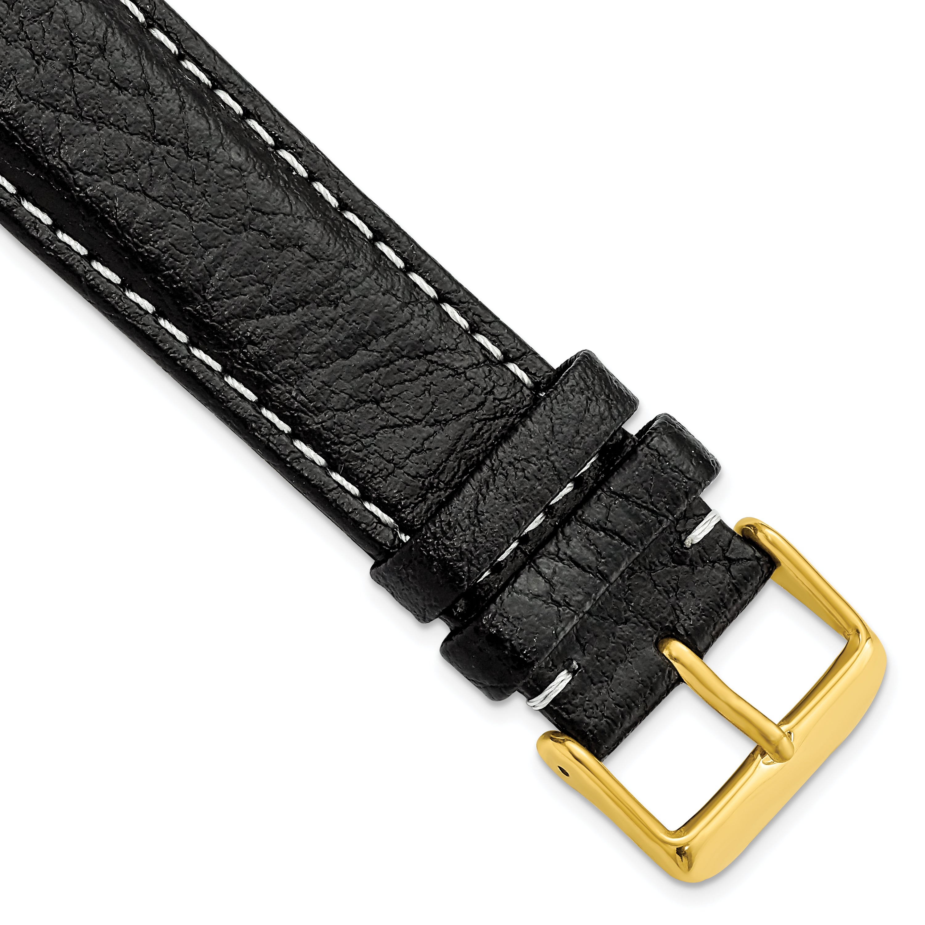 DeBeer 22mm Long Black Sport Leather with White Stitching and Gold-tone Buckle 8.5 inch Watch Band