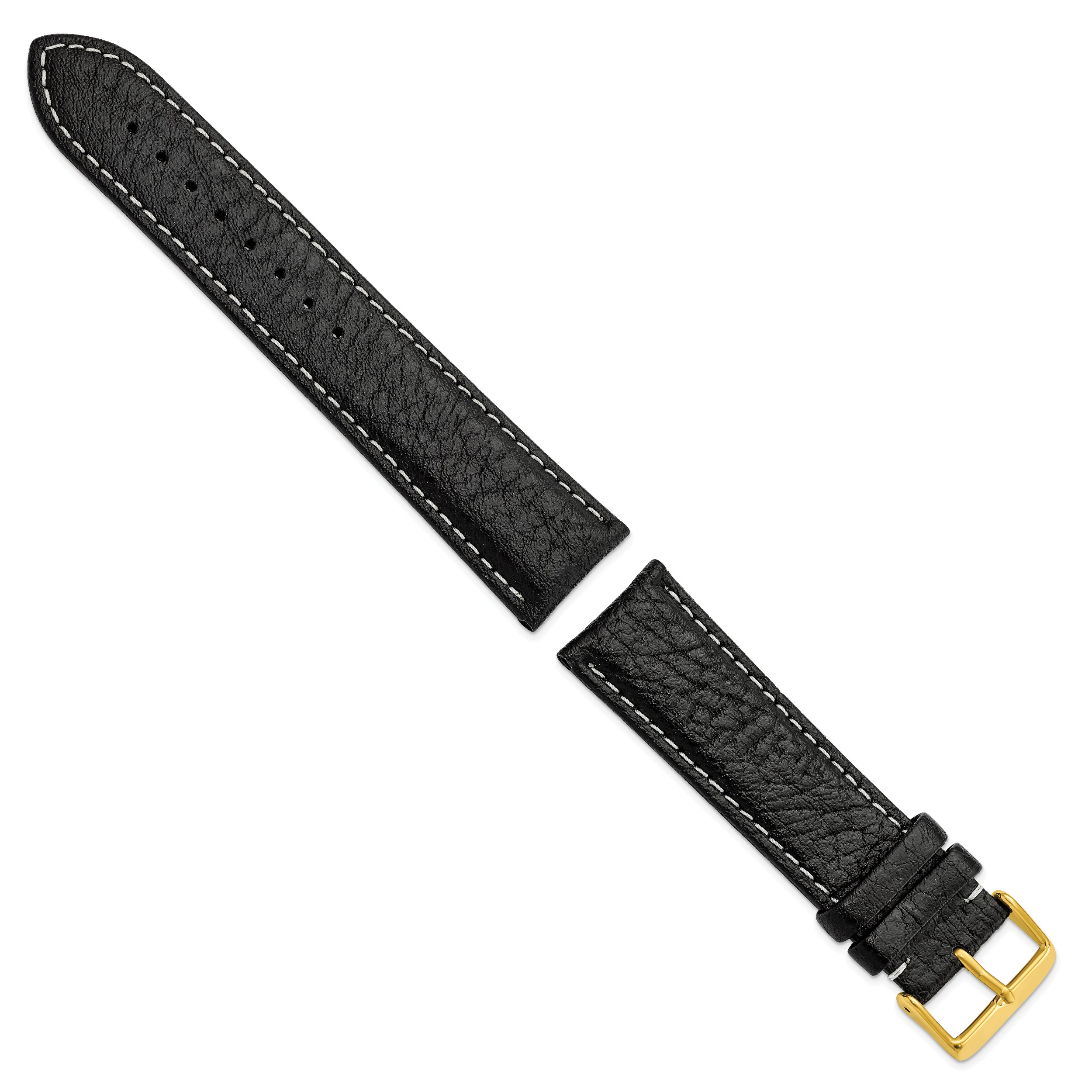 16mm Long Black Sport Leather with White Stitching and Gold-tone Buckle 8.5 inch Watch Band