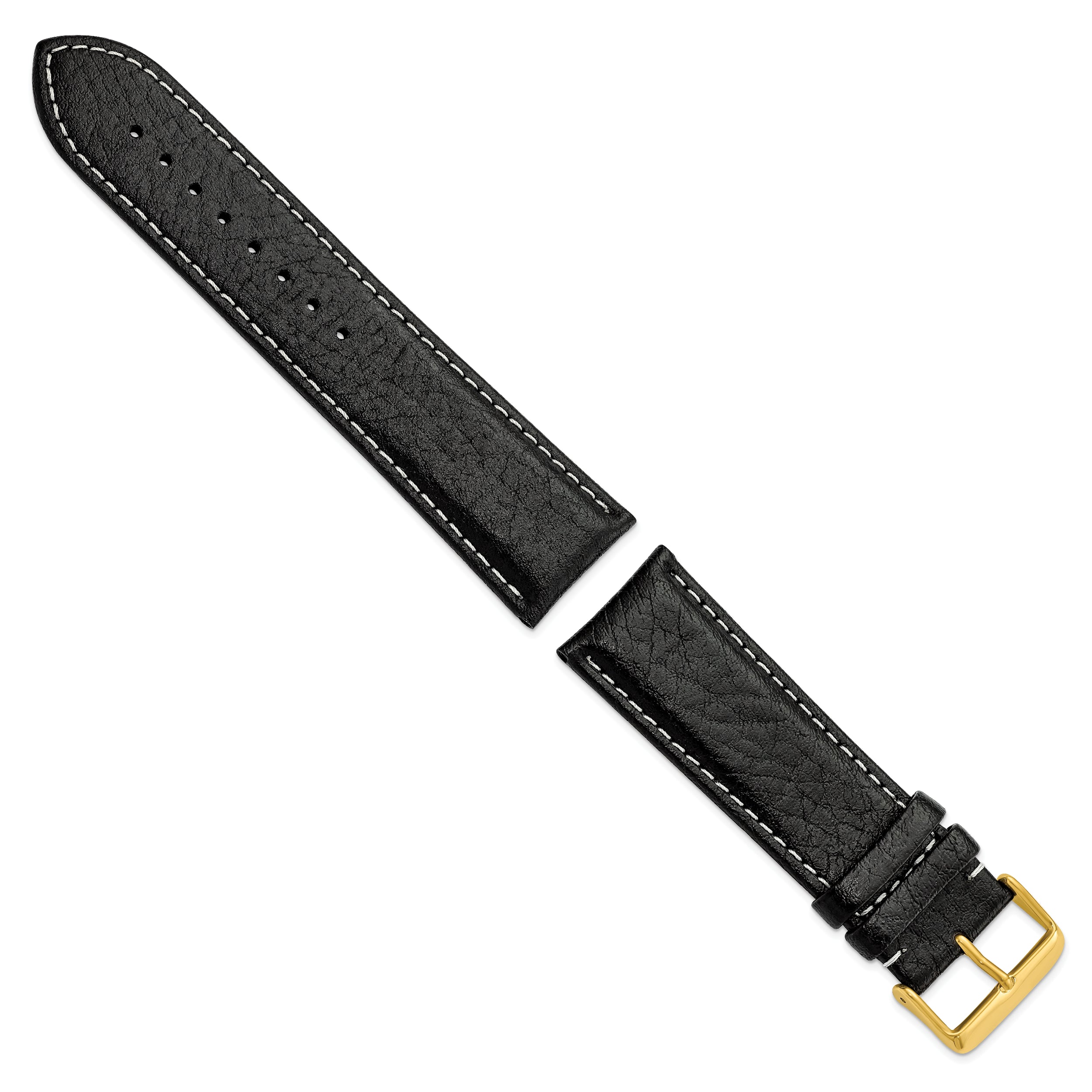 16mm Long Black Sport Leather with White Stitching and Gold-tone Buckle 8.5 inch Watch Band