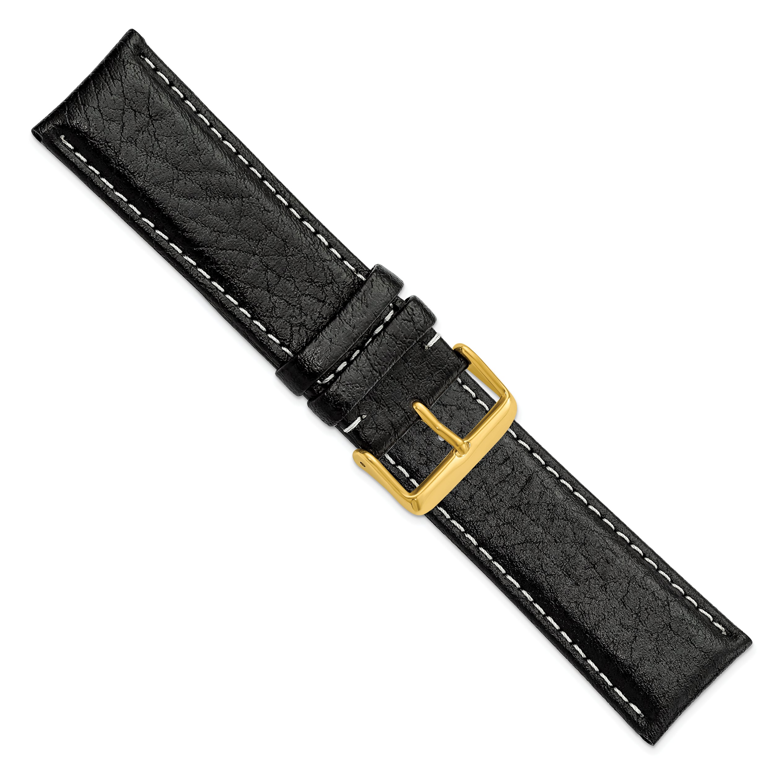 16mm Long Black Sport Leather with White Stitching and Gold-tone Buckle 8.5 inch Watch Band