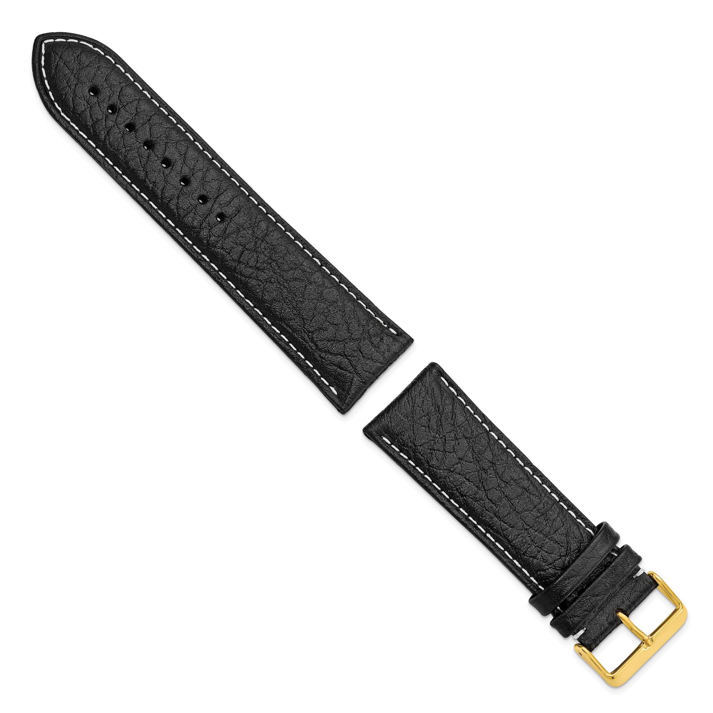 16mm Long Black Sport Leather with White Stitching and Gold-tone Buckle 8.5 inch Watch Band