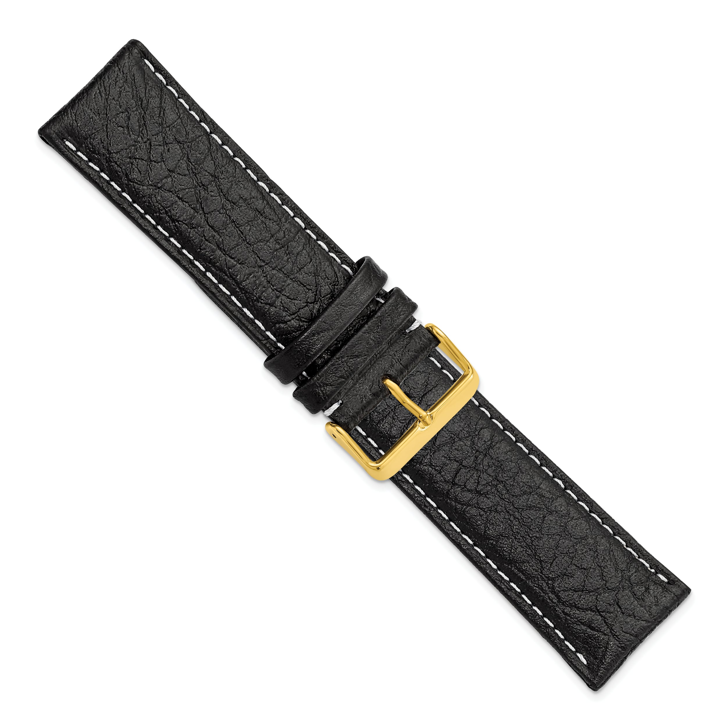 16mm Long Black Sport Leather with White Stitching and Gold-tone Buckle 8.5 inch Watch Band