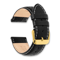 22mm Short Black Sport Leather with White Stitching and Gold-tone Buckle 6.75 inch Watch Band