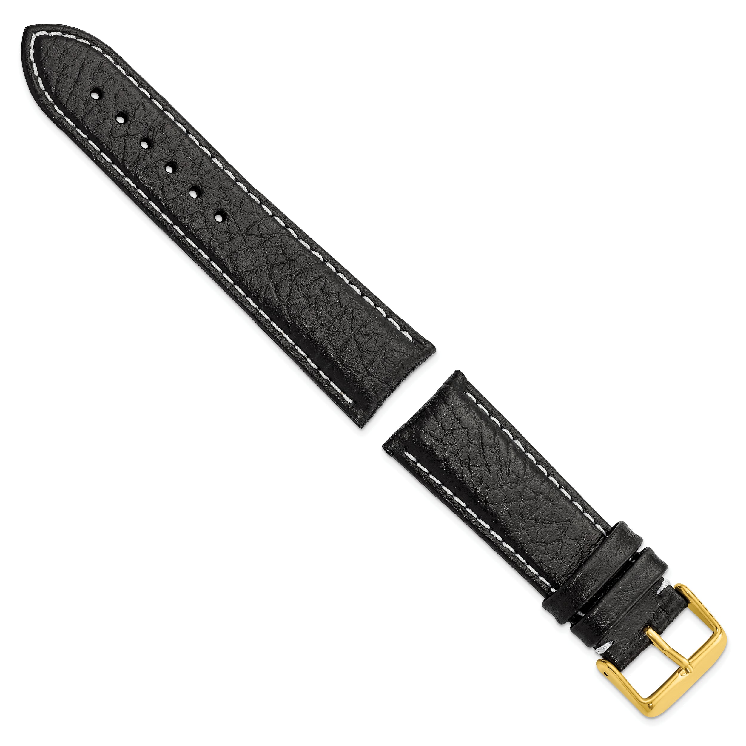 22mm Short Black Sport Leather with White Stitching and Gold-tone Buckle 6.75 inch Watch Band