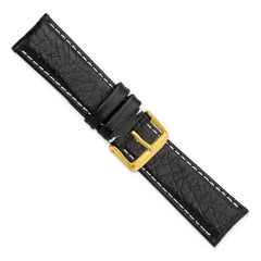 22mm Short Black Sport Leather with White Stitching and Gold-tone Buckle 6.75 inch Watch Band