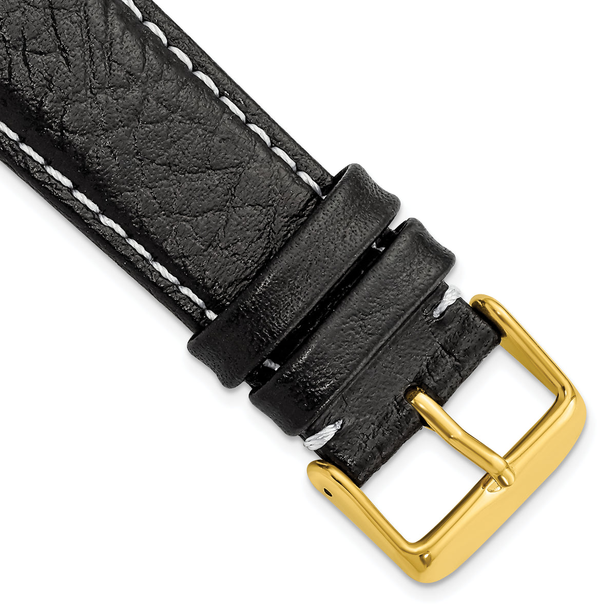 DeBeer 24mm Short Black Sport Leather with White Stitching and Gold-tone Buckle 6.75 inch Watch Band