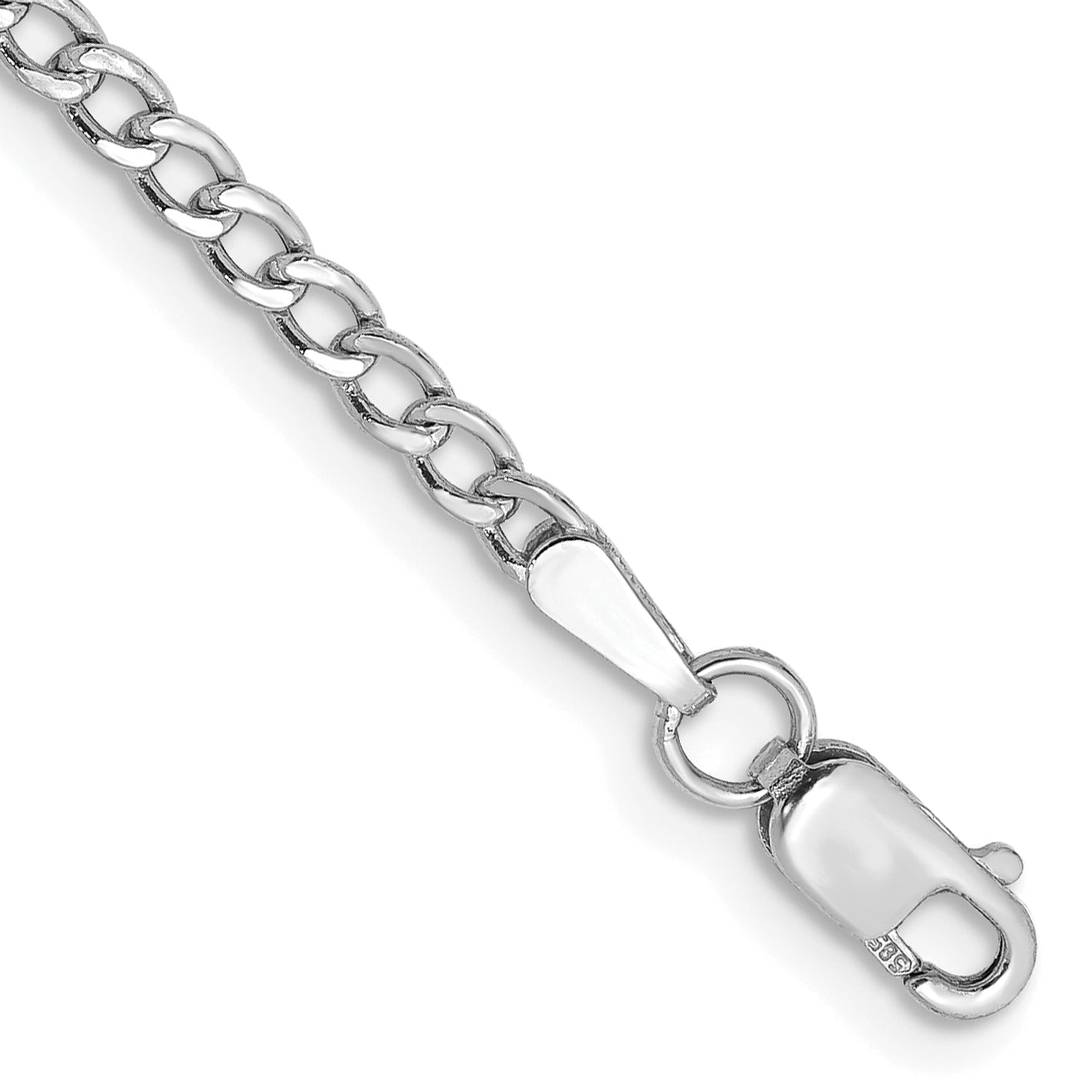 14K White Gold 9 inch 2.5mm Semi-Solid Curb with Lobster Clasp Anklet