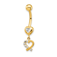 14k 14 Gauge CZ 2-Hearts Dangle Belly Ring