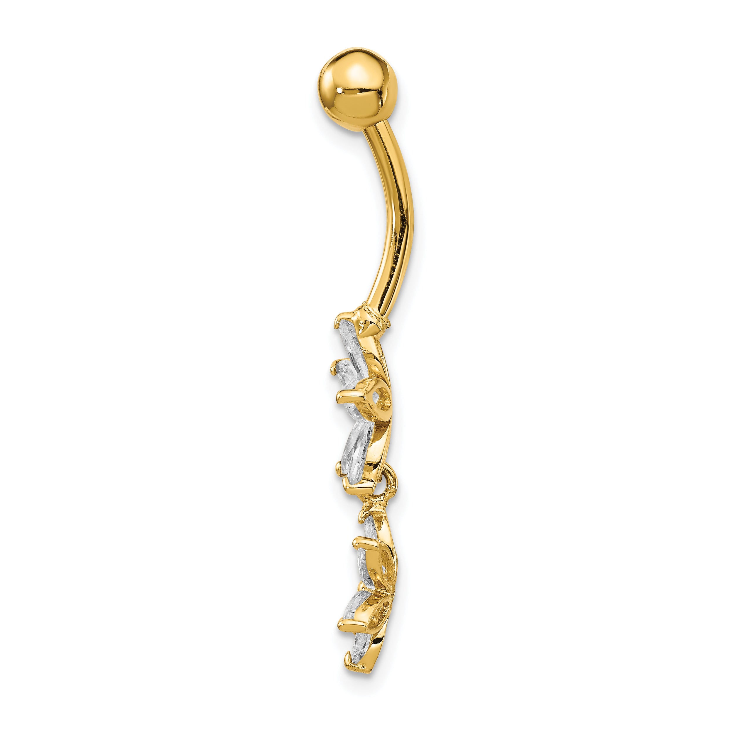 14k 14 Gauge CZ 2-Flower Dangle Belly Ring