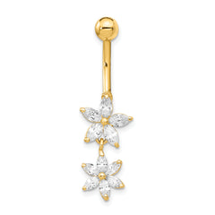 14k 14 Gauge CZ 2-Flower Dangle Belly Ring