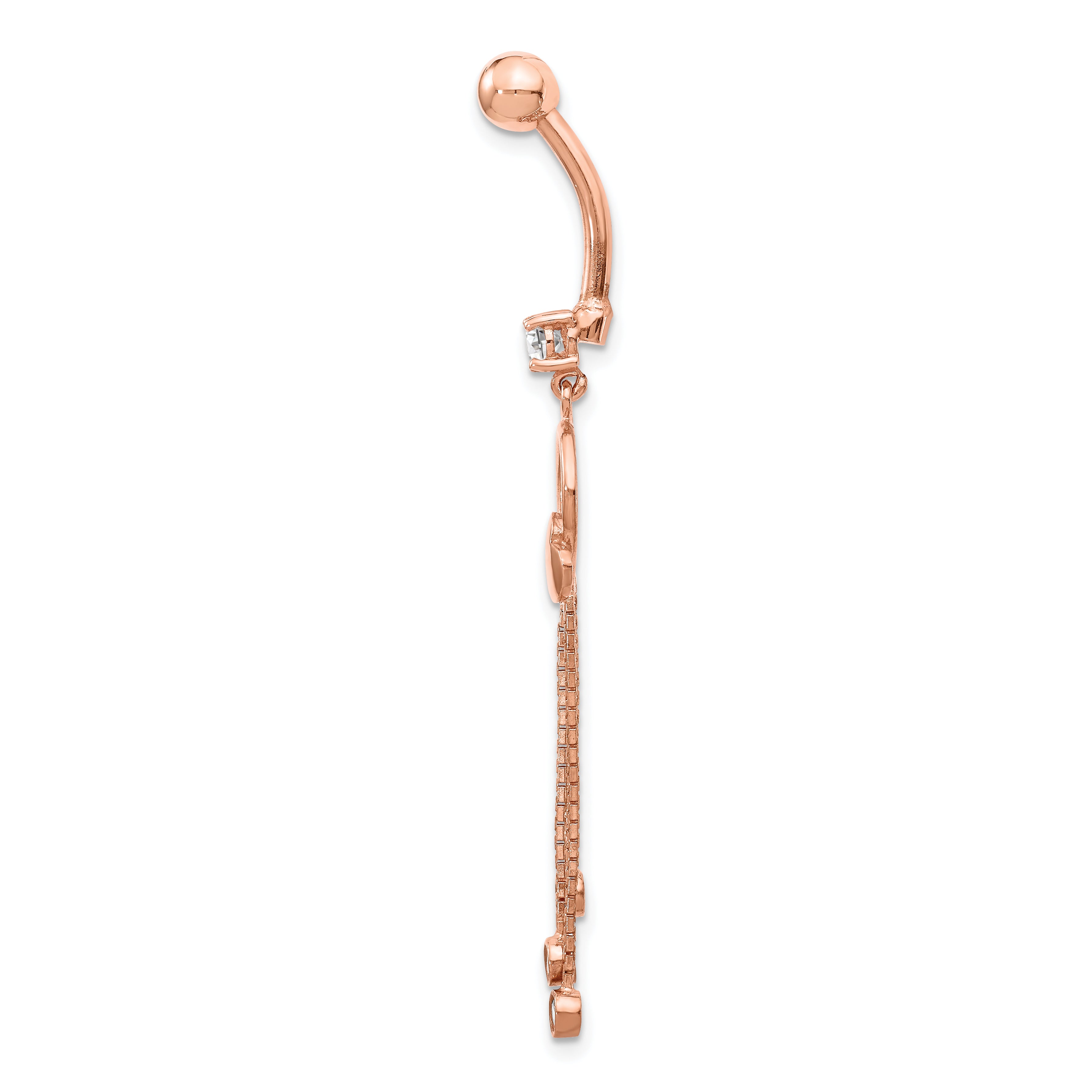 14k Rose Gold 14 Gauge CZ Heart 3-Chain Dangle Belly Ring