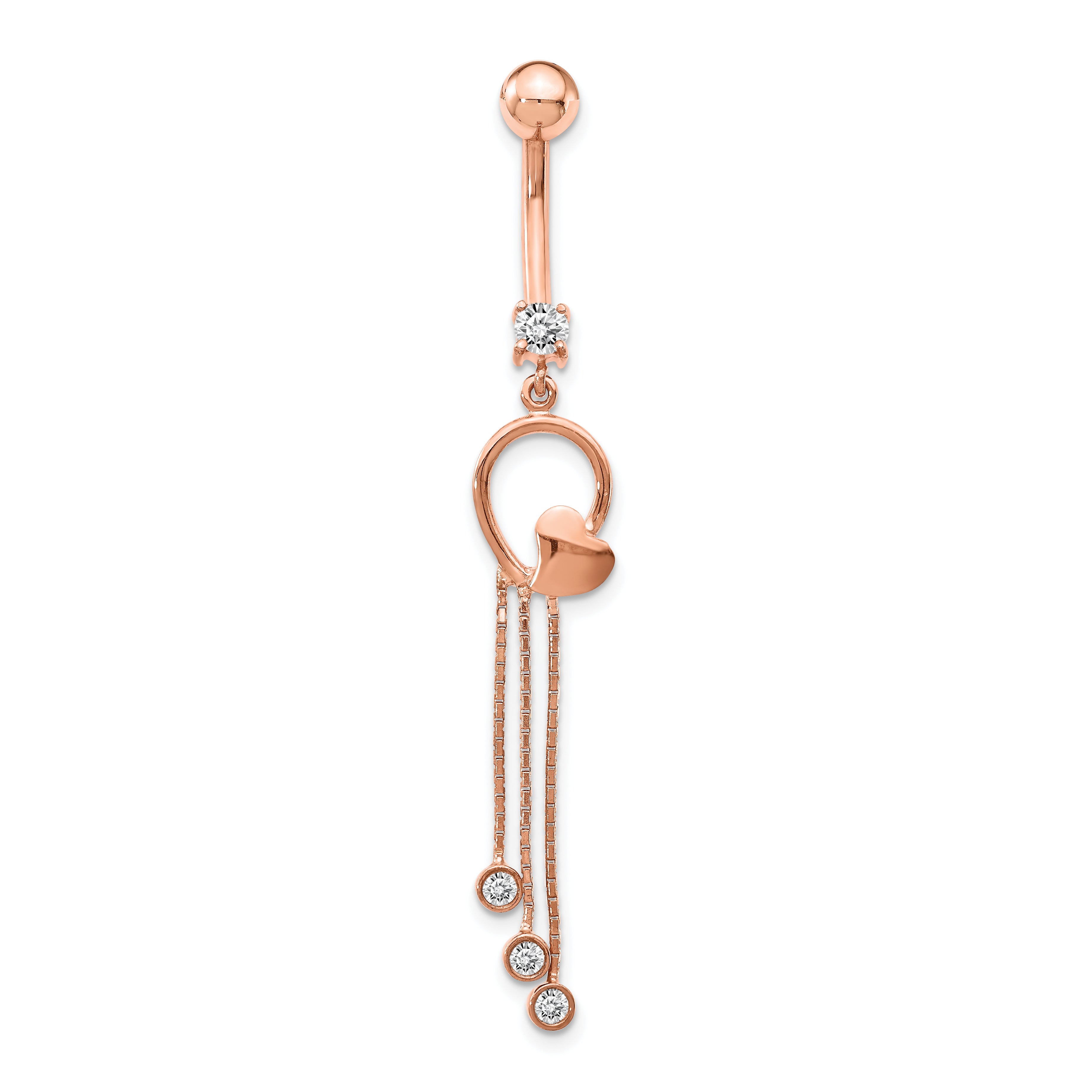 14k Rose Gold 14 Gauge CZ Heart 3-Chain Dangle Belly Ring