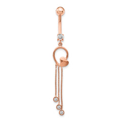 14K Rose Gold CZ Heart 3-Chain Dangle Belly Ring Polished Elegance