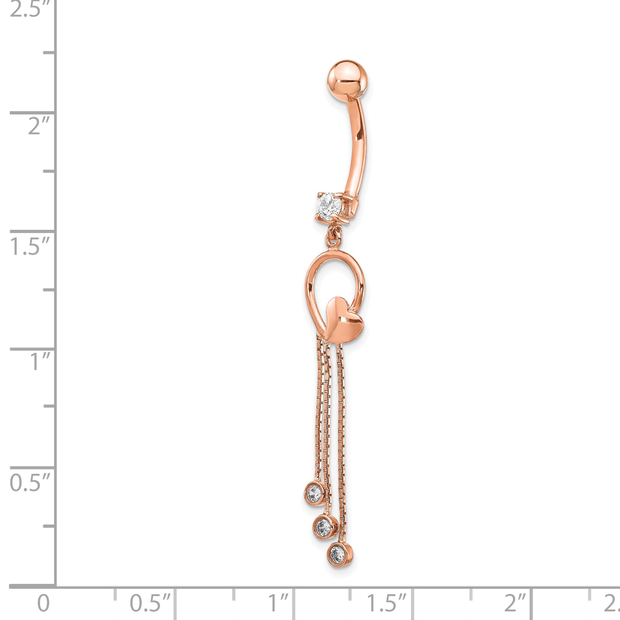 14K Rose Gold CZ Heart 3-Chain Dangle Belly Ring Polished Elegance