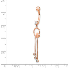 14K Rose Gold CZ Heart 3-Chain Dangle Belly Ring Polished Elegance