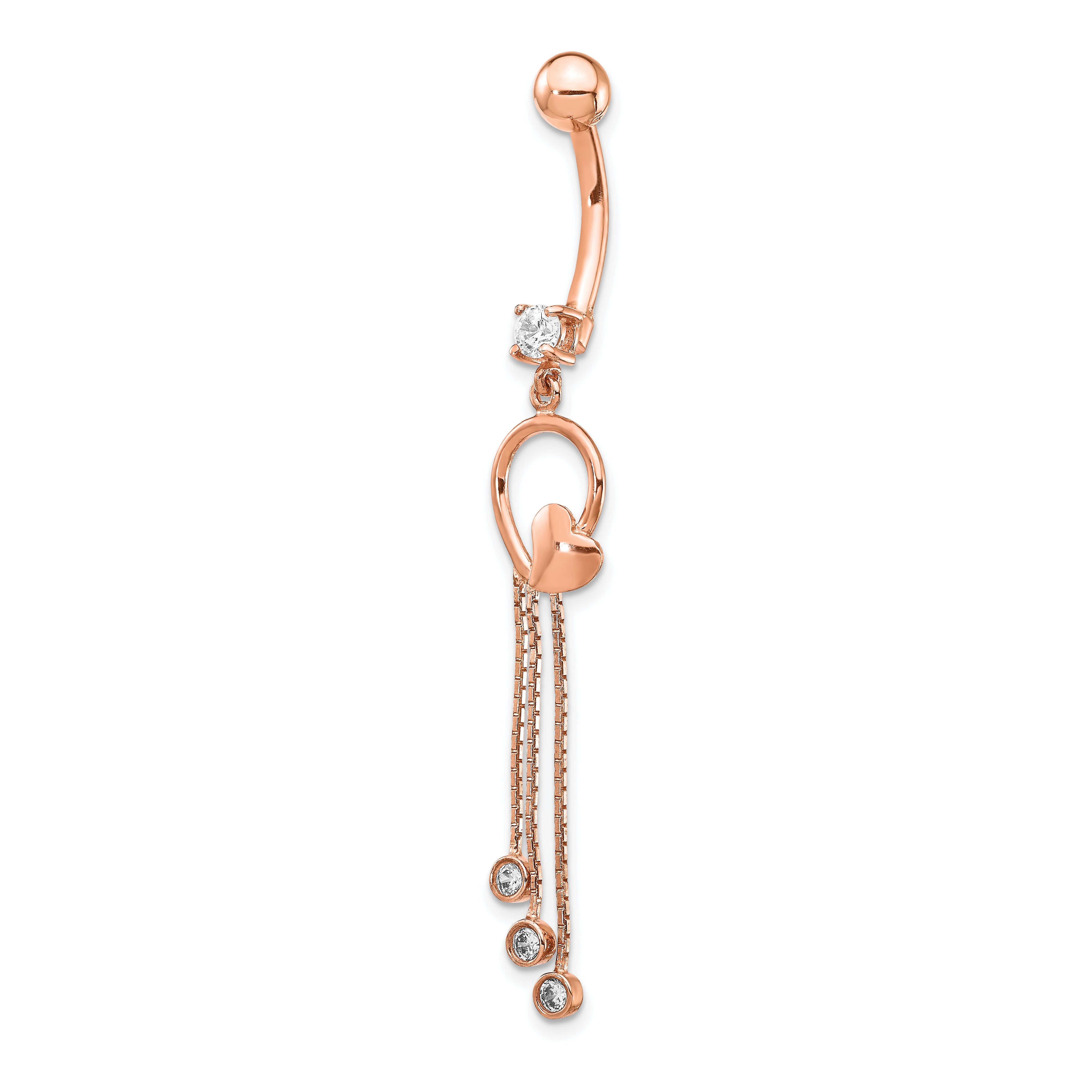 14k Rose Gold 14 Gauge CZ Heart 3-Chain Dangle Belly Ring