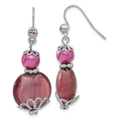 1928 Silver-tone Purple Glass Stone & Acrylic Bead Dangle Earrings