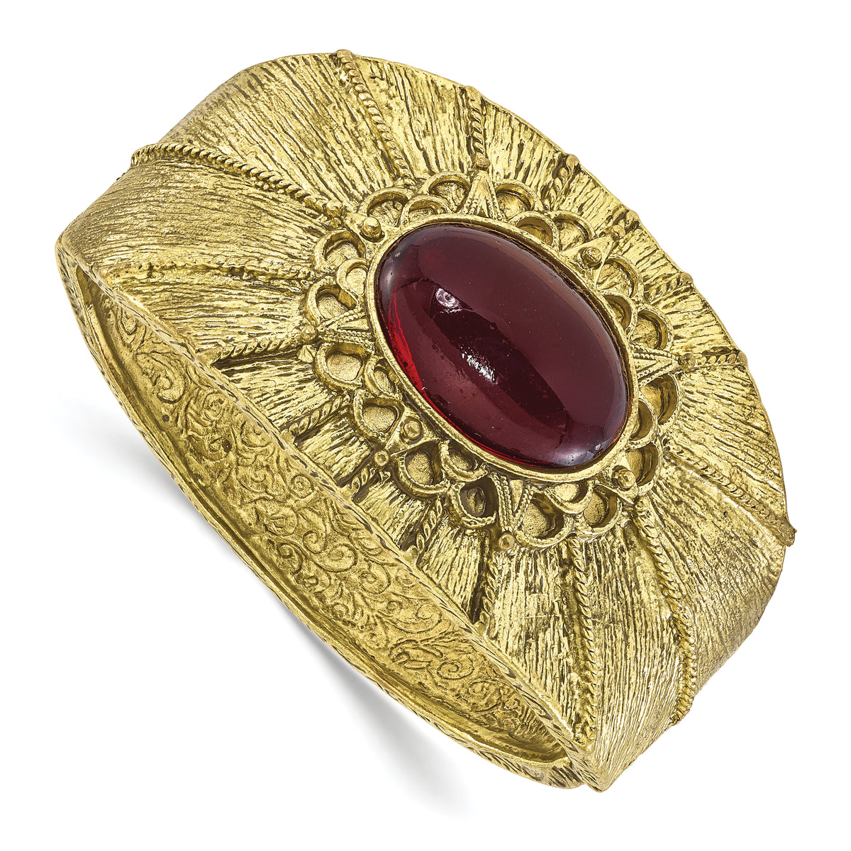 1928 Brass-tone Red Acrylic Stone Hinged Cuff Bangle