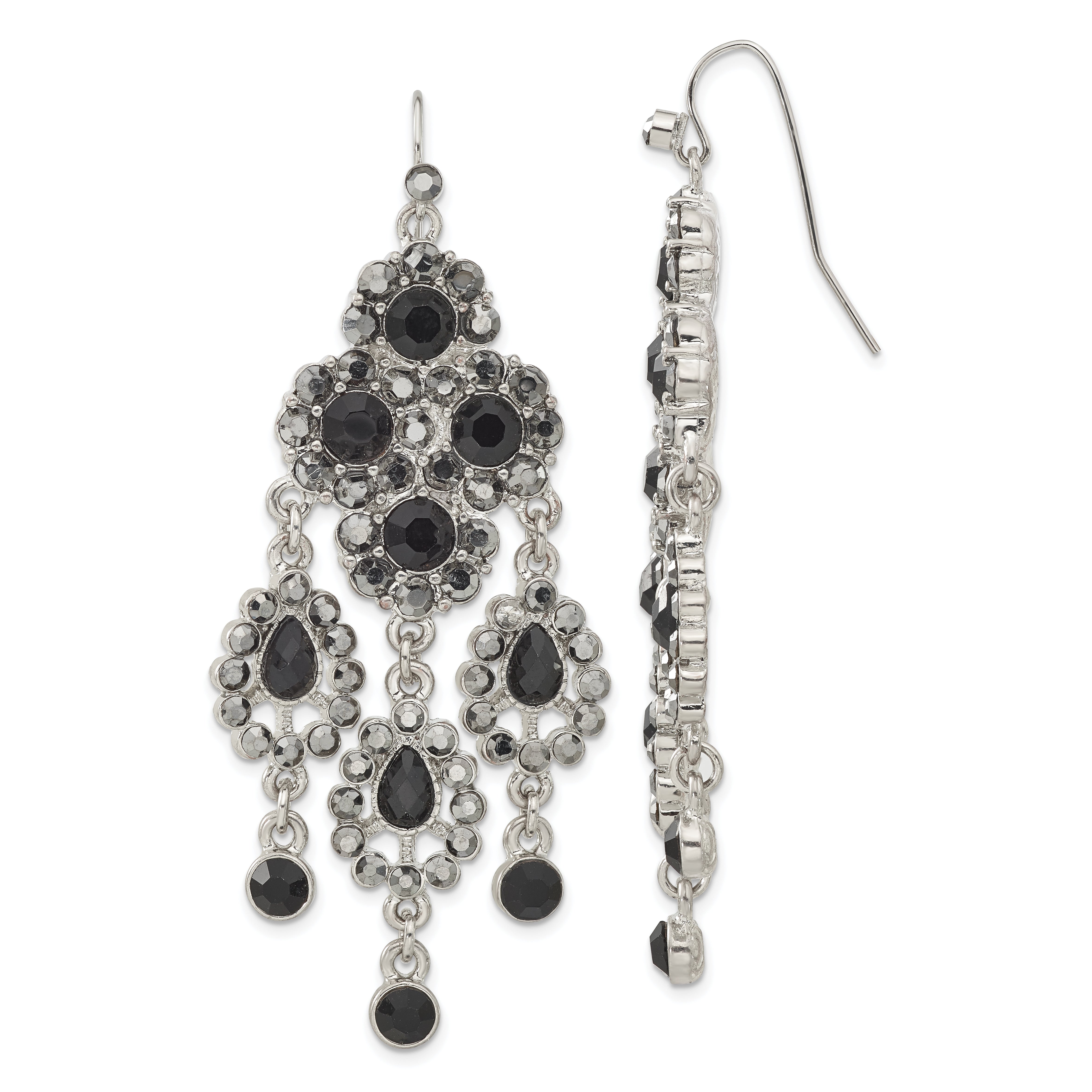 1928 Jewelry Silver-tone Jet Black Glass Stones Chandelier Dangle Earrings