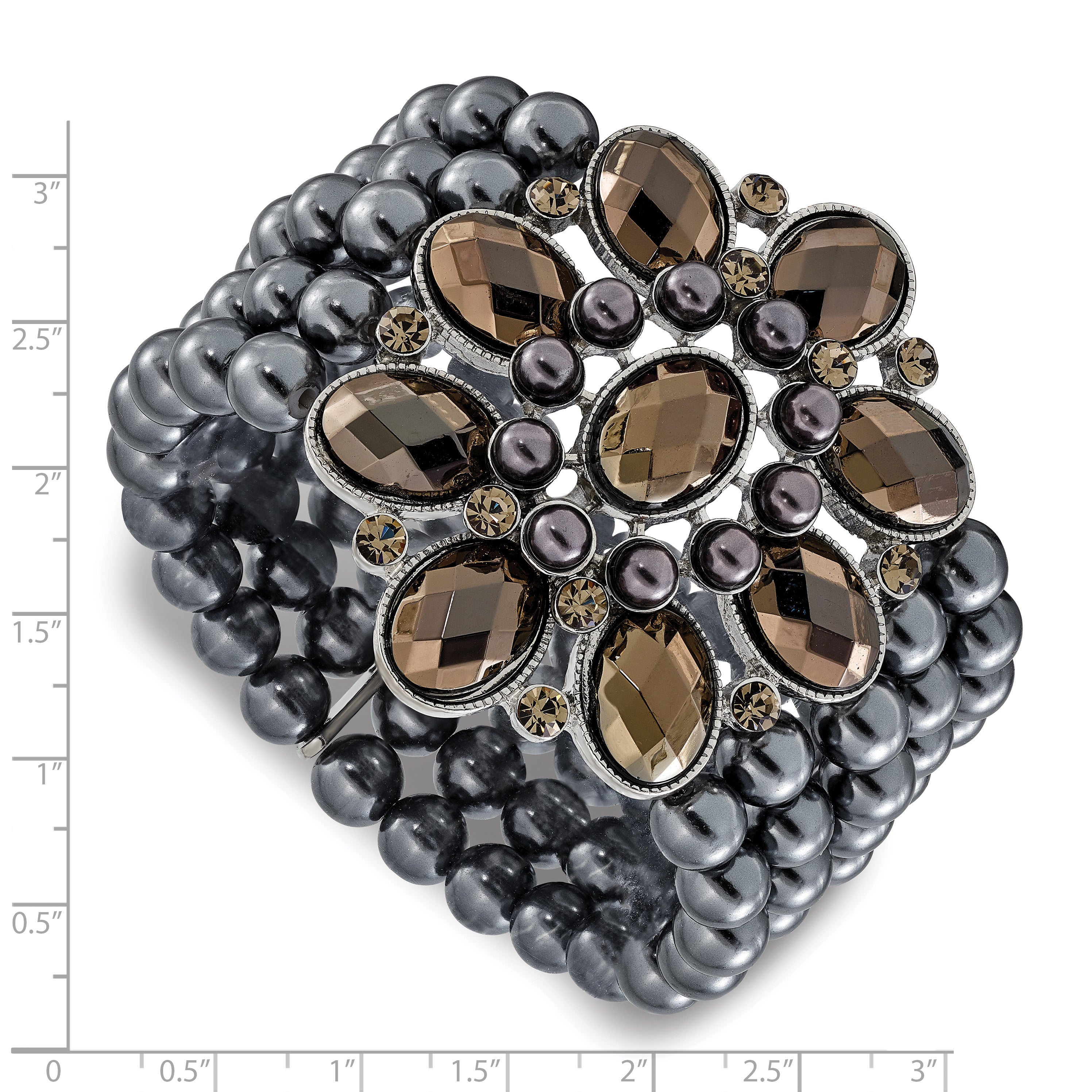 1928 Jewelry Wide Black-plated Floral Frame with Jet Black and Hematite Faceted Acrylic Beads and Round Black Smooth Bead Five Row Stretch Bracelet