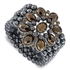 1928 Jewelry Wide Black-plated Floral Frame with Jet Black and Hematite Faceted Acrylic Beads and Round Black Smooth Bead Five Row Stretch Bracelet