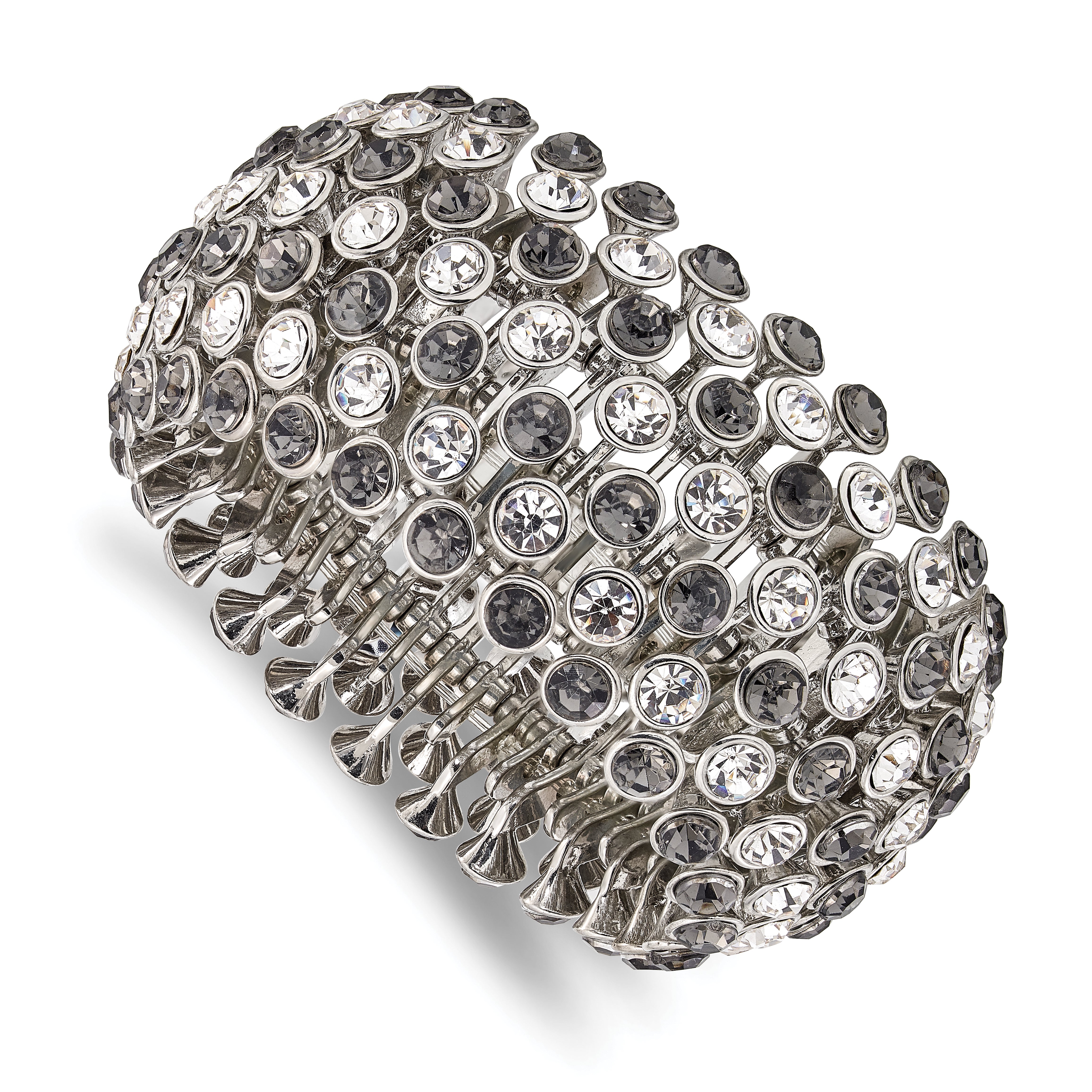 1928 Jewelry Silver-tone Wide Jet Black and Clear Crystals and Acrylic Stones Stretch Bracelet