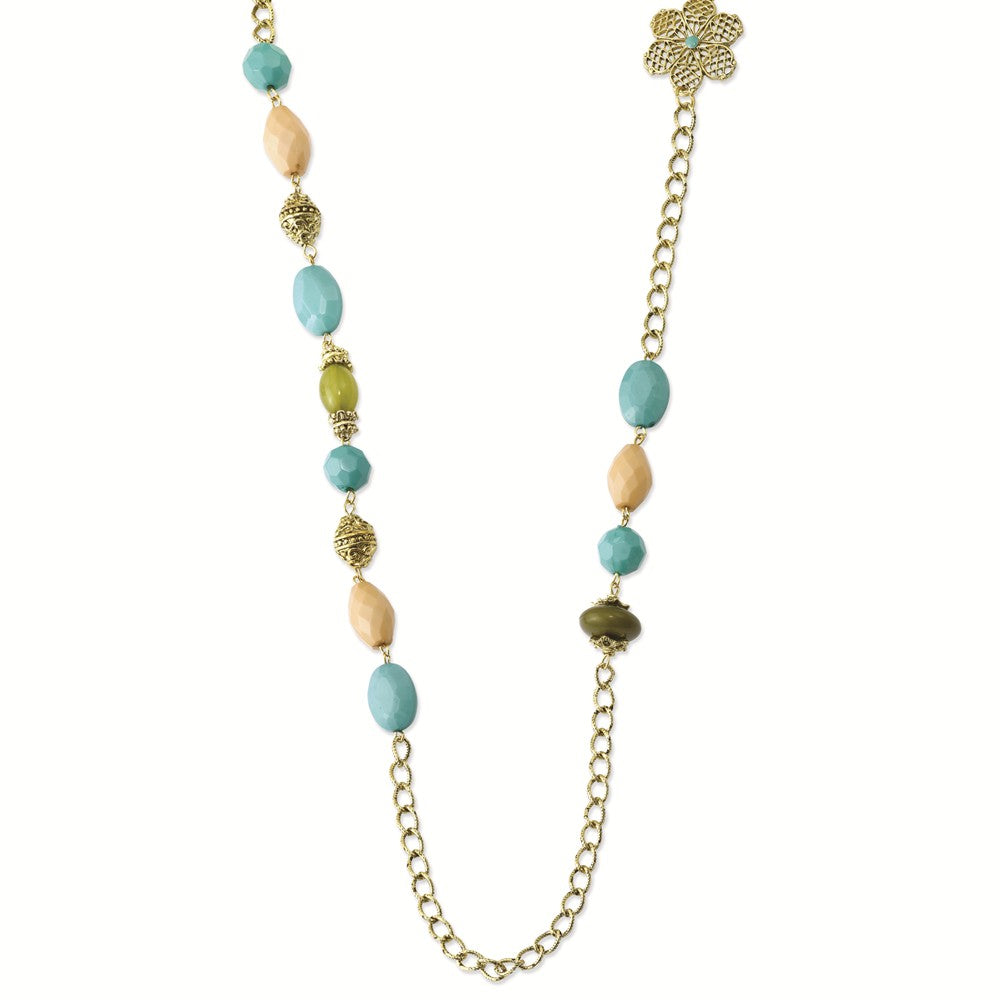 Gold-tone Teal, Green and Cream Acrylic Beads 38in Necklace