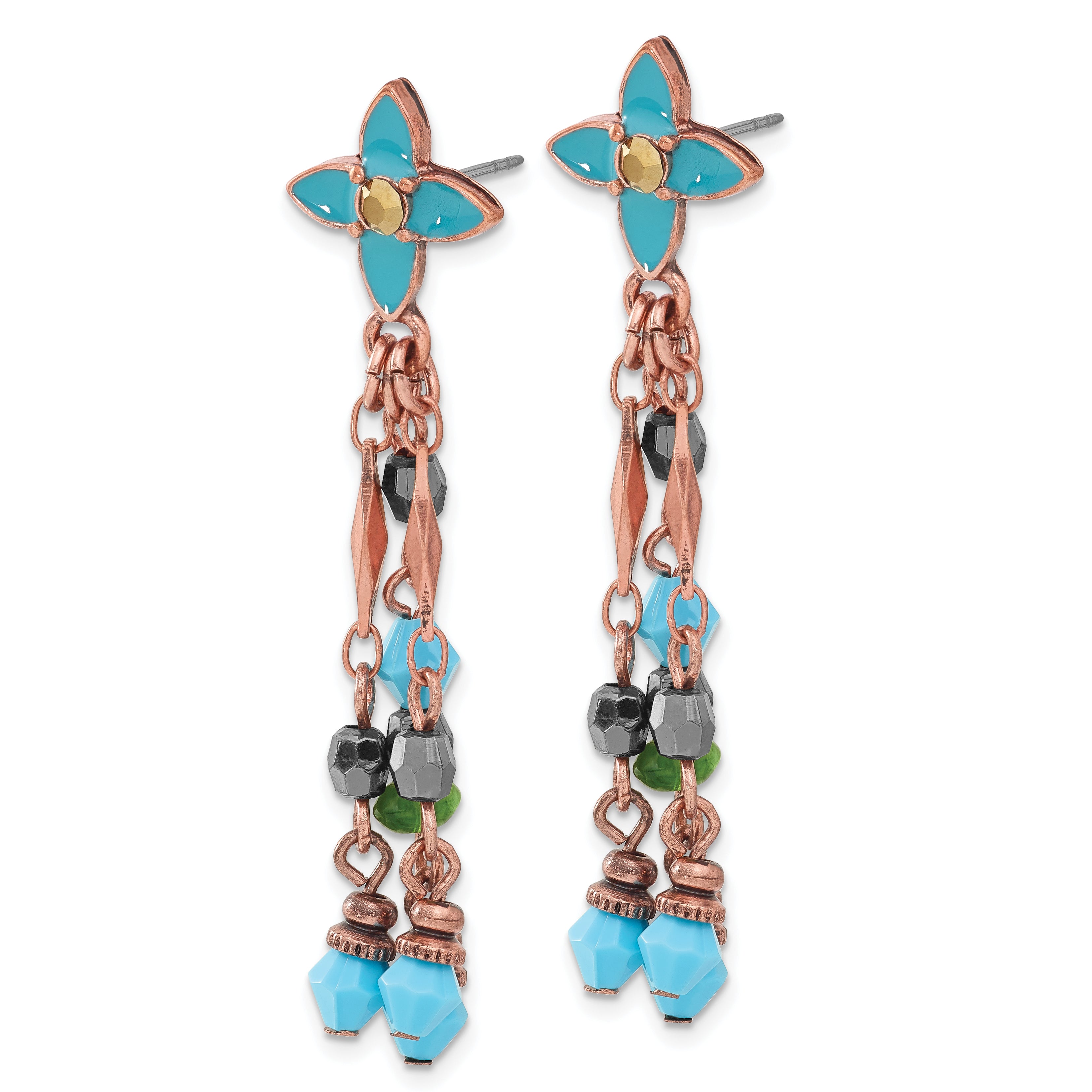 1928 Jewelry Copper-tone Link Teal Enamel Flower and Teal Green and Brown Acrylic Beads Dangle Post Earrings