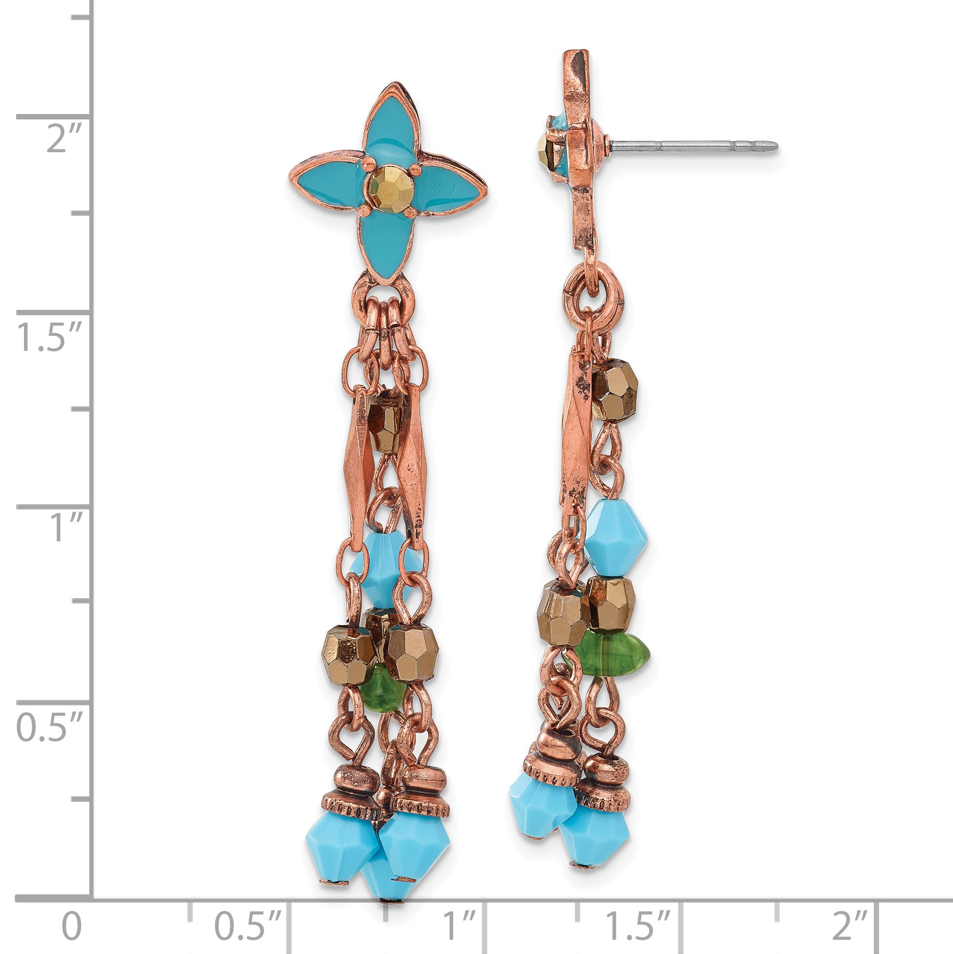 1928 Jewelry Copper-tone Link Teal Enamel Flower and Teal Green and Brown Acrylic Beads Dangle Post Earrings