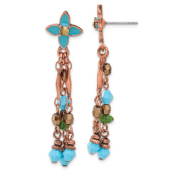 1928 Jewelry Copper-tone Link Teal Enamel Flower and Teal Green and Brown Acrylic Beads Dangle Post Earrings