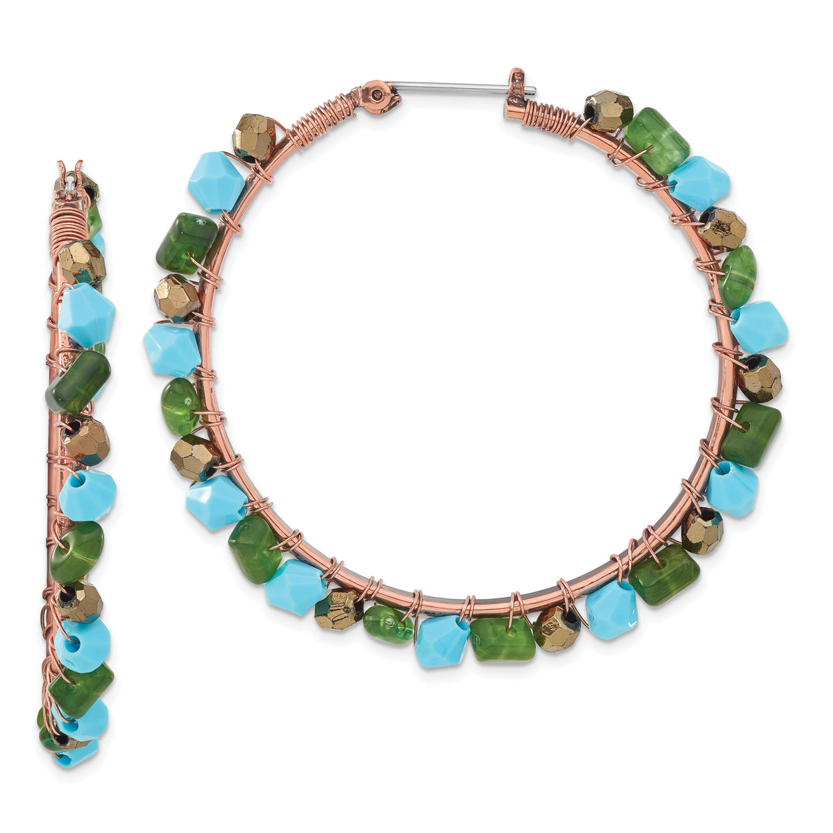 1928 Jewelry Copper-tone Green Teal and Brown Faceted Acrylic Bead Hoop Earrings