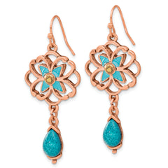 1928 Copper-tone Teal & Brown Glass Stone & Enamel Floral Dangle Earrings