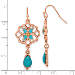 1928 Copper-tone Teal & Brown Glass Stone & Enamel Floral Dangle Earrings