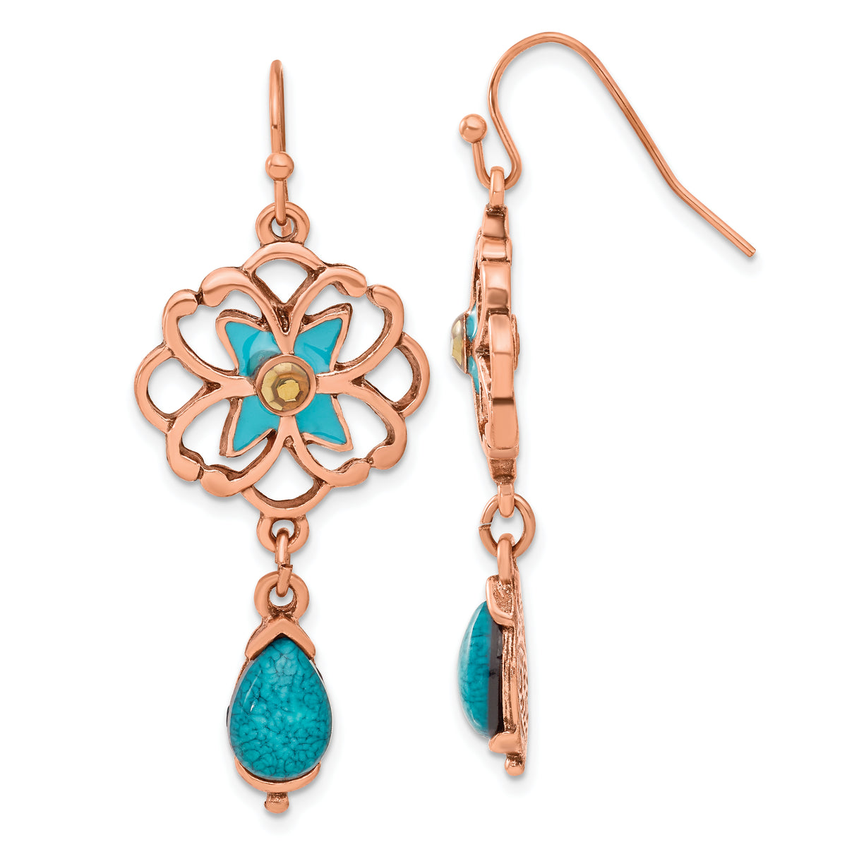 1928 Copper-tone Teal & Brown Glass Stone & Enamel Floral Dangle Earrings