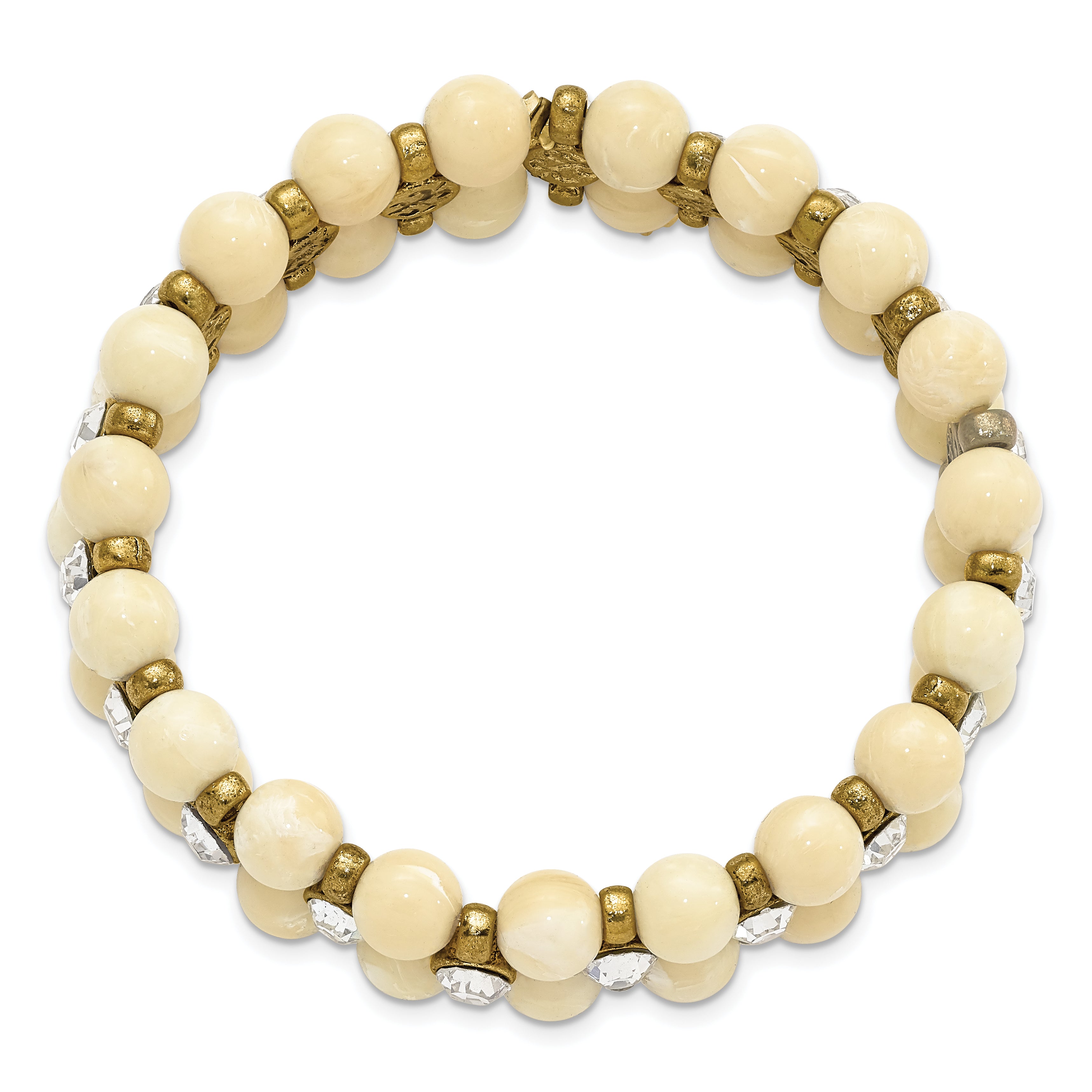 1928 Jewelry Brass-tone and Cream Acrylic Beads with Clear Glass Stones Stretch Bracelet