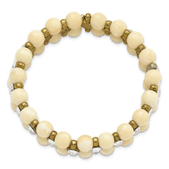 1928 Jewelry Brass-tone and Cream Acrylic Beads with Clear Glass Stones Stretch Bracelet