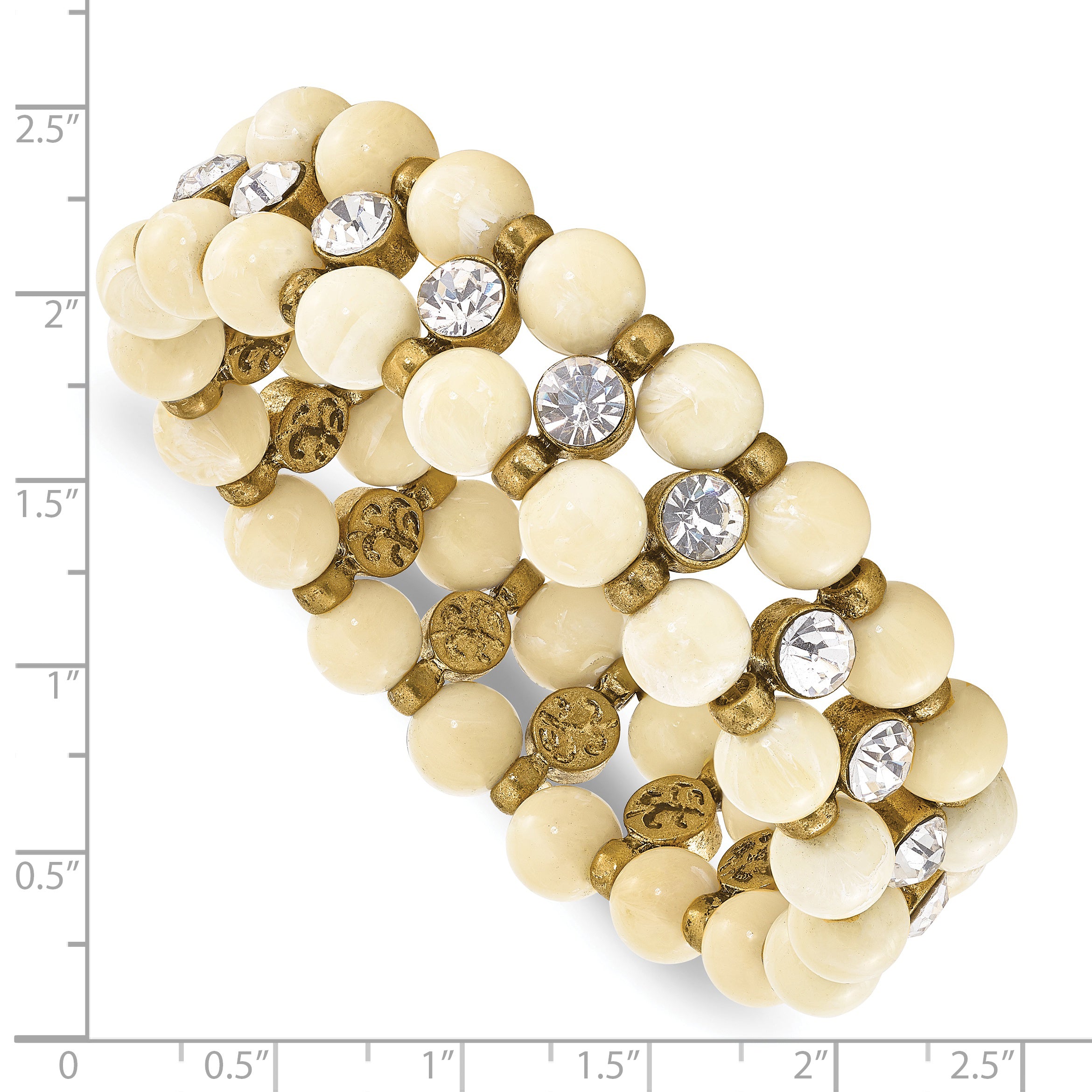 1928 Jewelry Brass-tone and Cream Acrylic Beads with Clear Glass Stones Stretch Bracelet