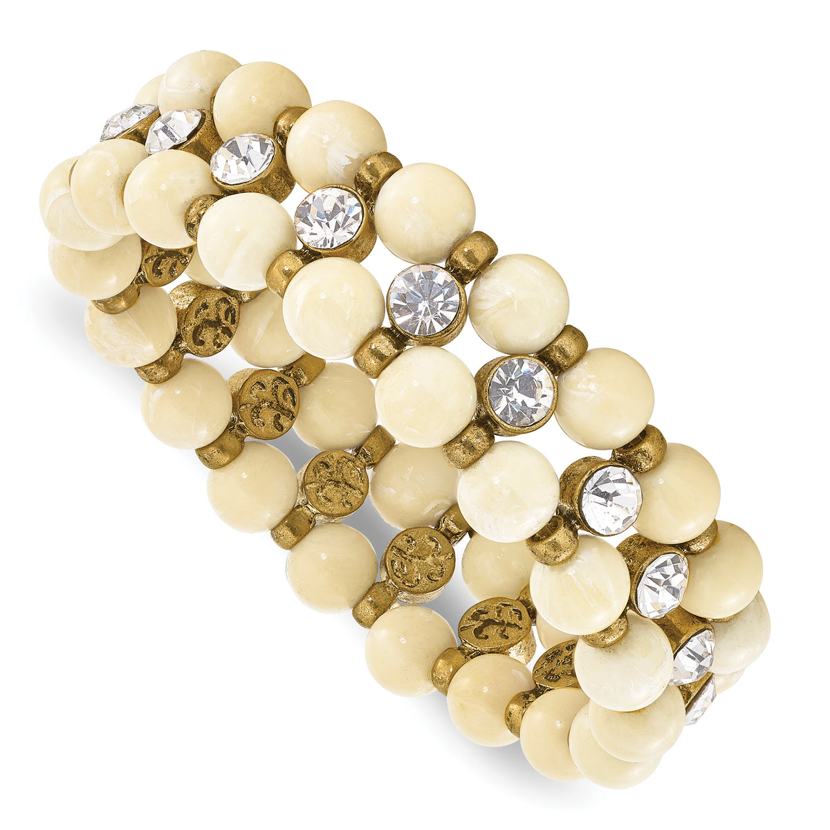 1928 Jewelry Brass-tone and Cream Acrylic Beads with Clear Glass Stones Stretch Bracelet